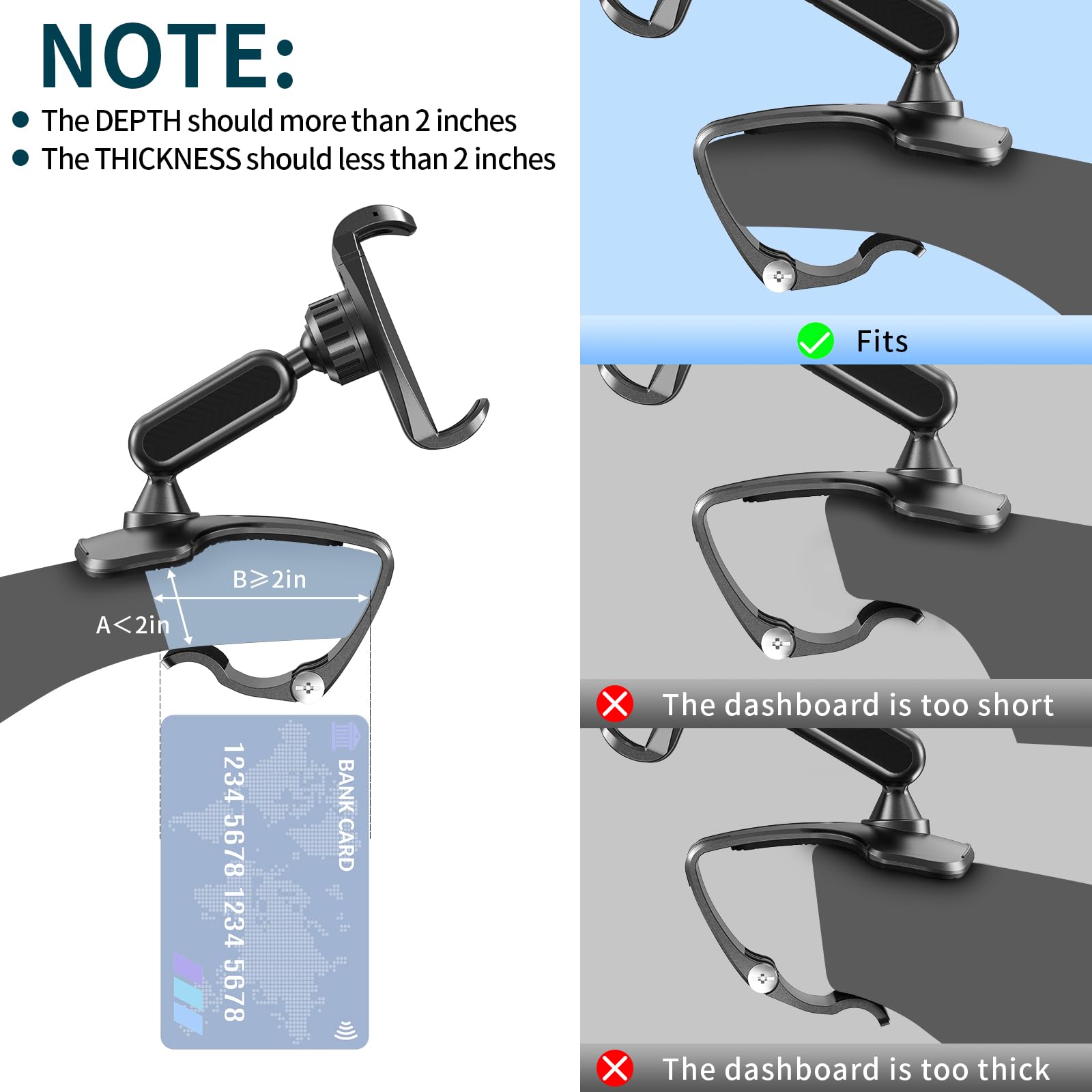 Nadrqqe Multifunctional Car Dashboard Mobile Phone Holder, 360 Degree Rotation Universal Dash Clip Cellphone Mount For 4-7 Inch
