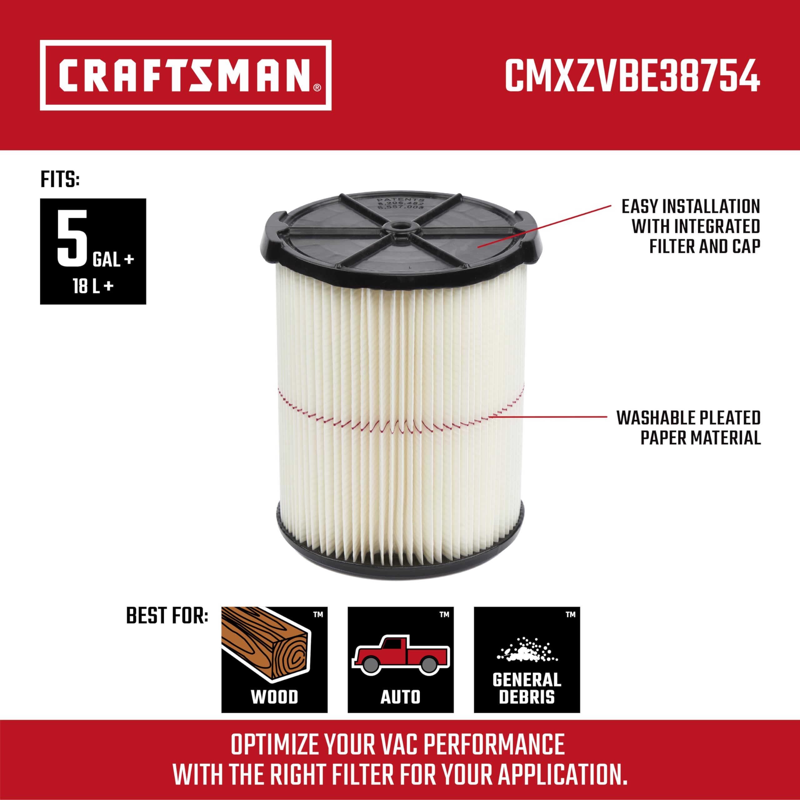 Craftsman Cmxzvbe38754 Genuine General Purpose Wet Dry Vac Replacement Vacuum Filter For Most 5 To 20 Gallon Craftsman Shop Vacu