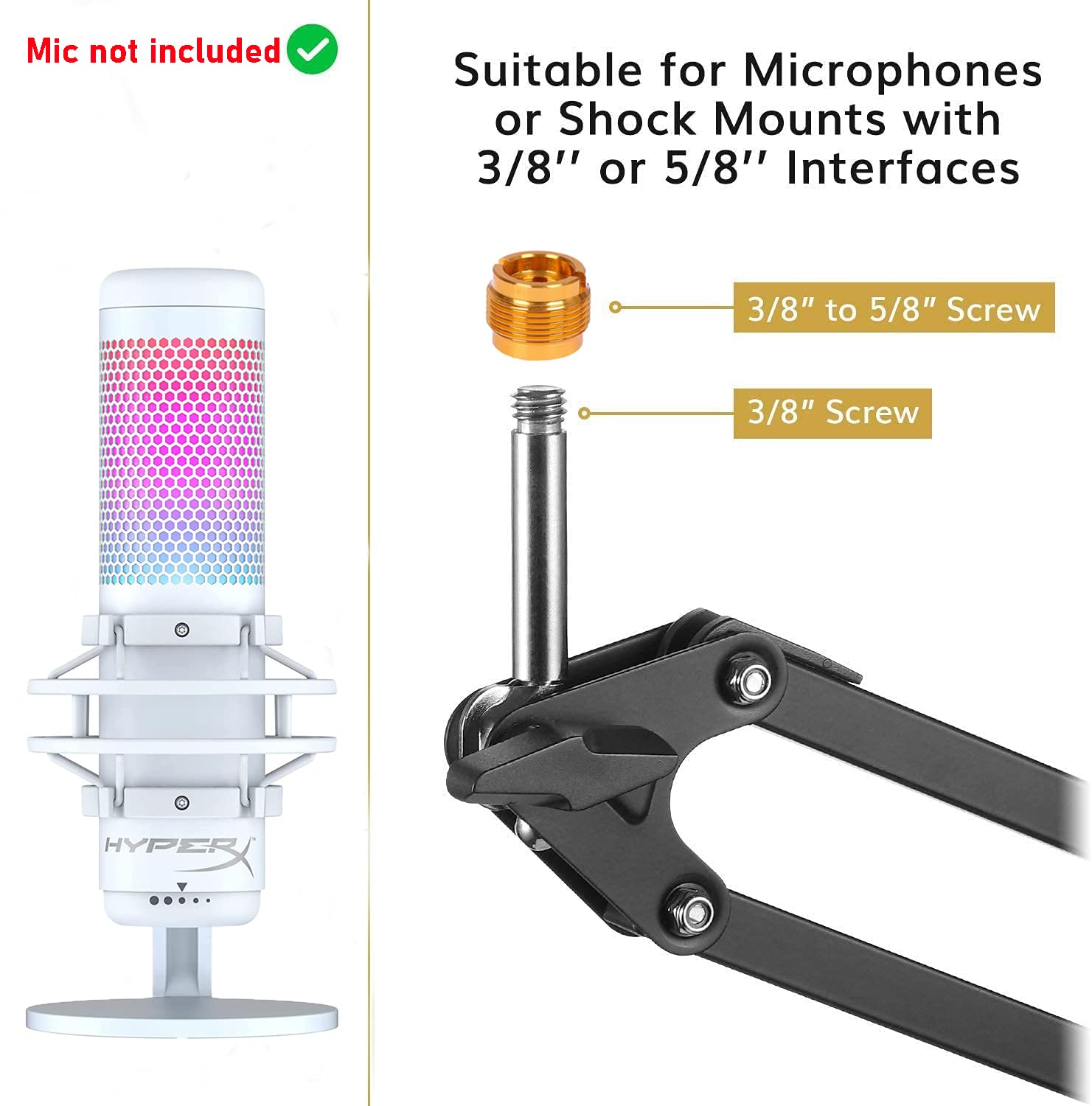 White Boom Arm For Hyperx Quadcast S, Professional Adjustable White Mic Boom Arm, White Stand Compatible With Hyperx Quadcast Wh