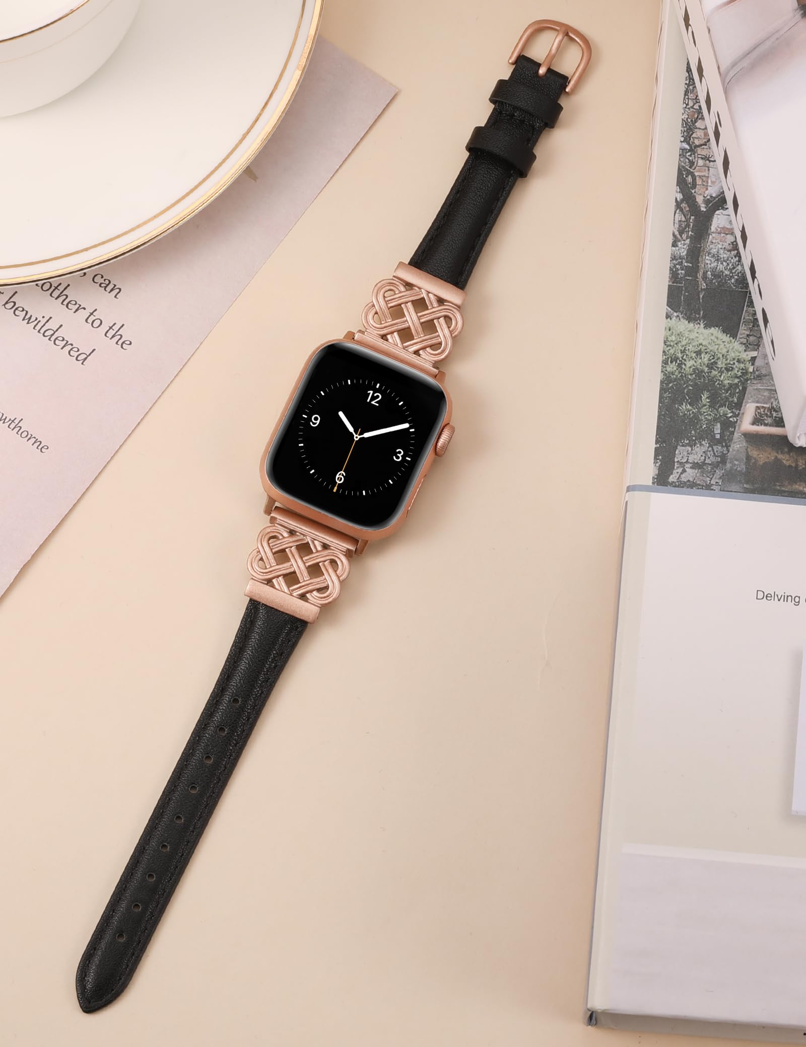 Toyouths Leather Band Compatible With Apple Watch Bands Women 42/44/45/46/49Mm Dressy Slim Thin Strap With Designer Interlock Bu