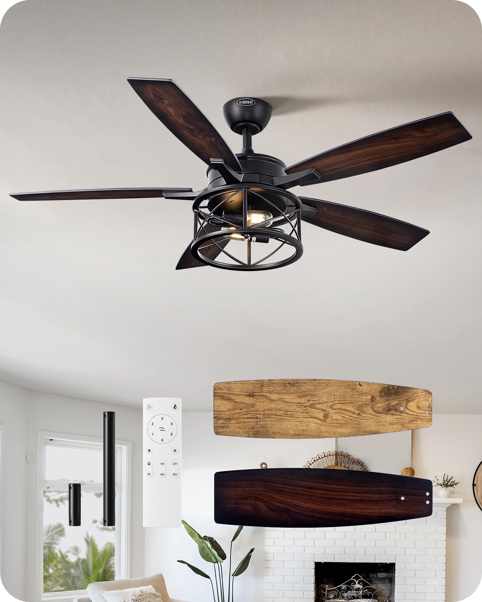 Edishine 52 Inch Farmhouse Ceiling Fans With Lights, Rustic Ceiling Fan With Light And Remote, 5 Wooden Blades Lighting & Ceilin