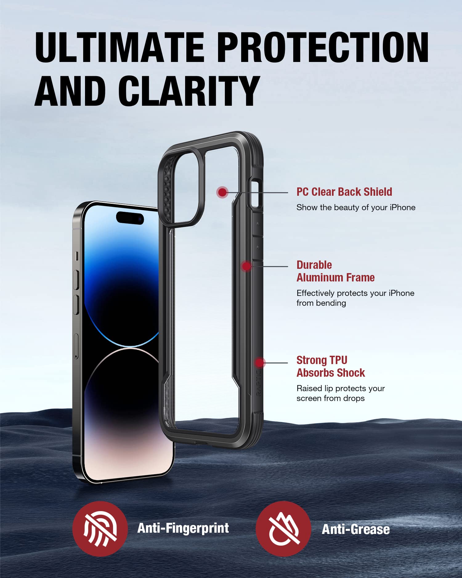 Raptic Shield For Iphone 14 Pro Max Case, Shockproof Protective Clear Case, Military Grade 10Ft Drop Tested, Durable Aluminum Fr