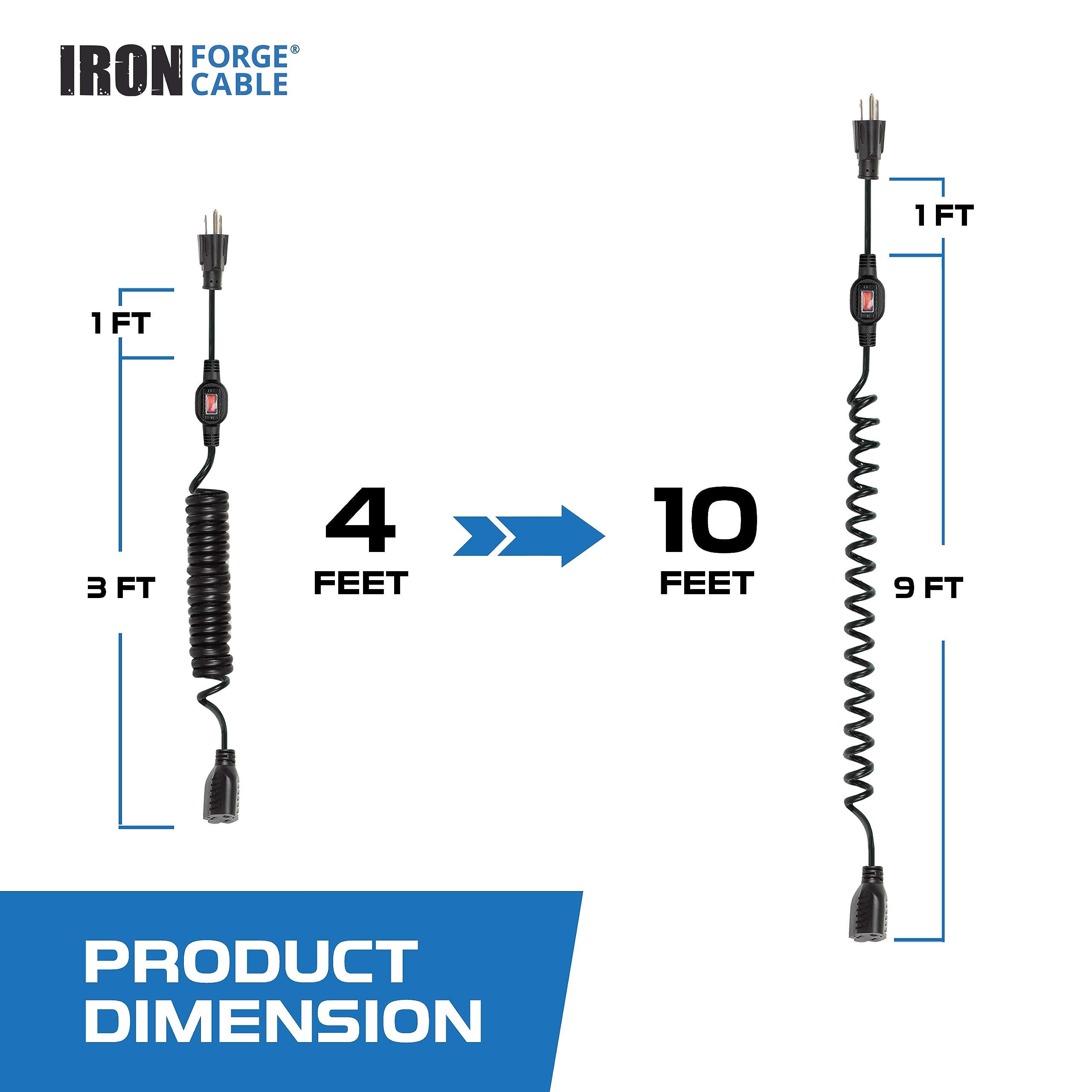 Iron Forge Cable Sjeow 10 Ft Black Outdoor Coiled Extension Cord With Inline Ip65 Waterproof Switch On/Off, 16/3 Oil Resistant &
