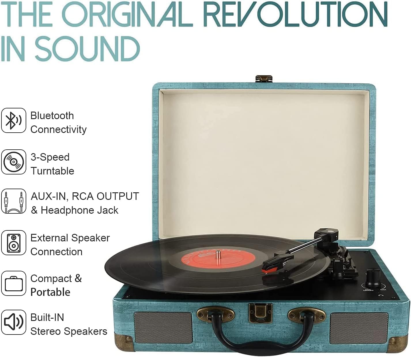 Mersoco Bluetooth Record Player Turntable 3 Speed Vinyl-to-MP3 Recording Suitcase Blue Plastic