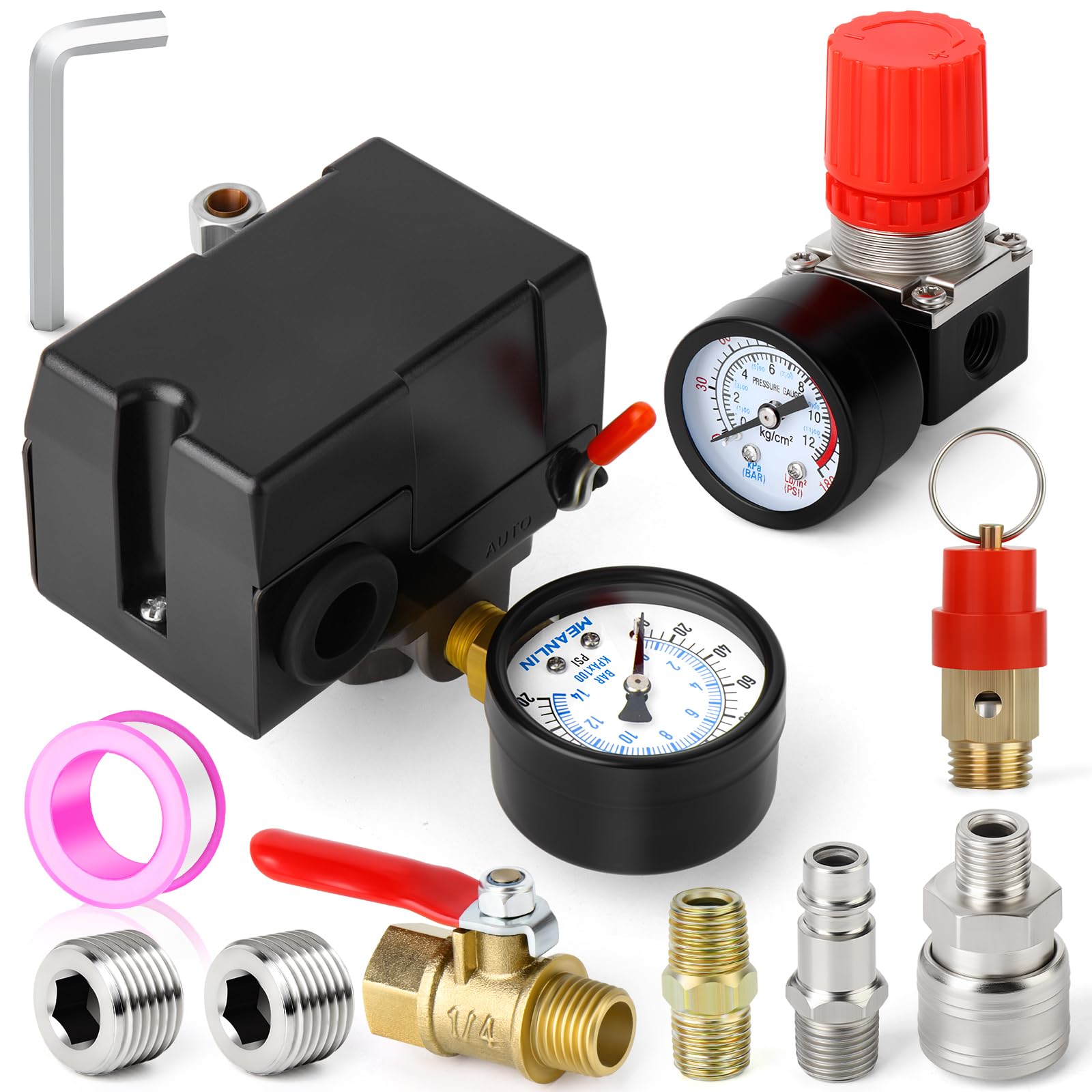 Meanlin Measure Air Compressor Pressure Switch Control Valve 135 175 Psi 110V 240V 4 Way Replacement Parts With 0 180 Psi Air Co