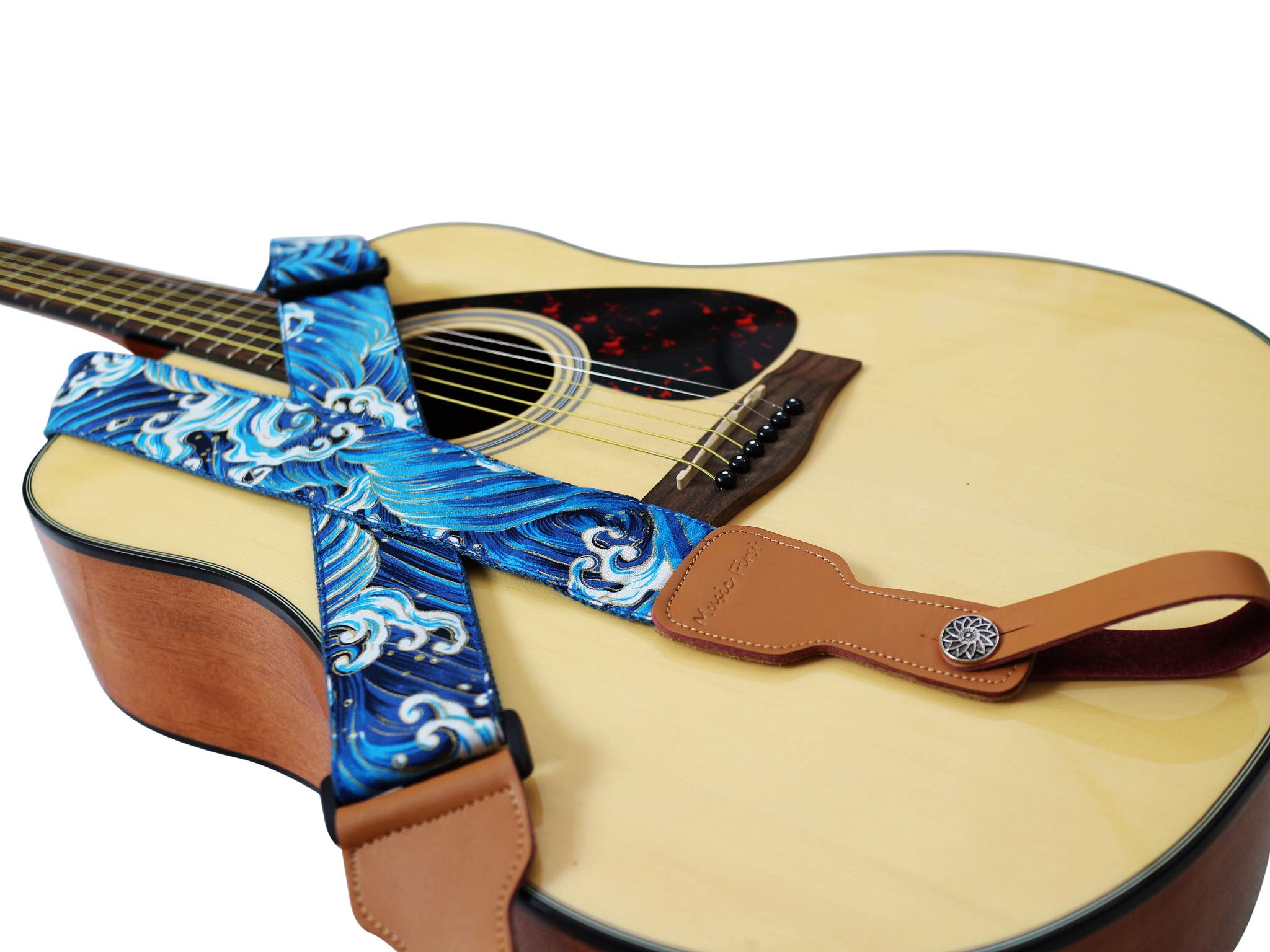 Music First Original Design, 2 Inch Width (5Cm), Ukiyoe Style Tsunami Waves    Soft Muslin & Genuine Leather Delux Guitar Strap,