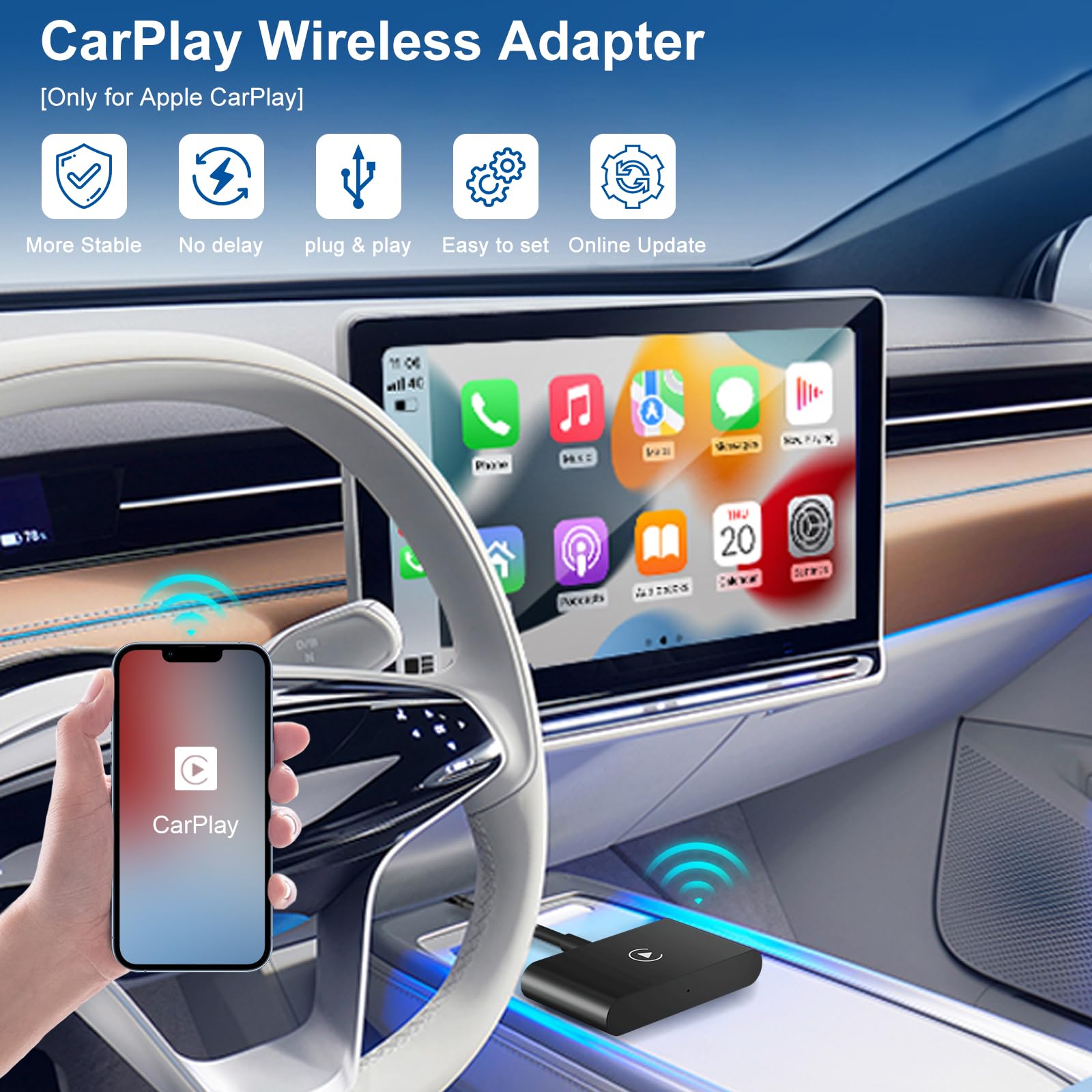 Carplay Wireless Adapter, Converts Factory Wired Carplay To Wireless, 2024 Upgrade Wireless Carplay Adapter For Cars From 2015 &