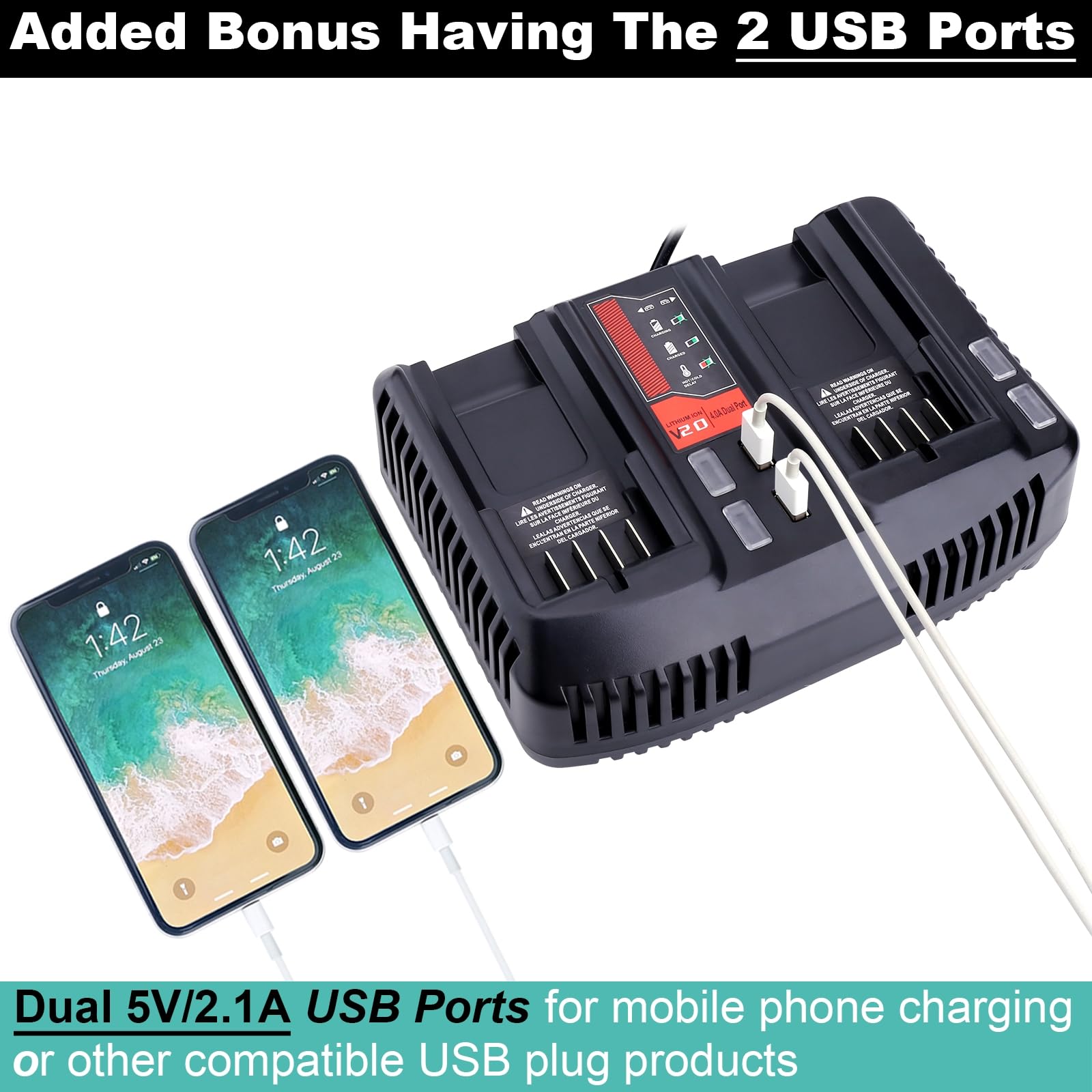 Lasica Cmcb124 20V Charger Compatible With Craftsman V20 Series 20 Volt Lithium Batteries, V20 Dual Port, Replacement For Crafts