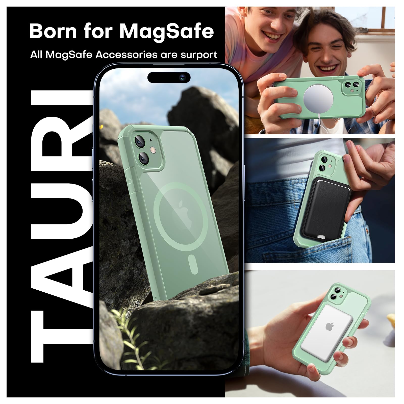 Tauri 3 In 1 Magnetic For Iphone 11 Case Light Green, With 2X Hd Screen Protector, 12 Ft Drop Protection, Compatible With Magsaf