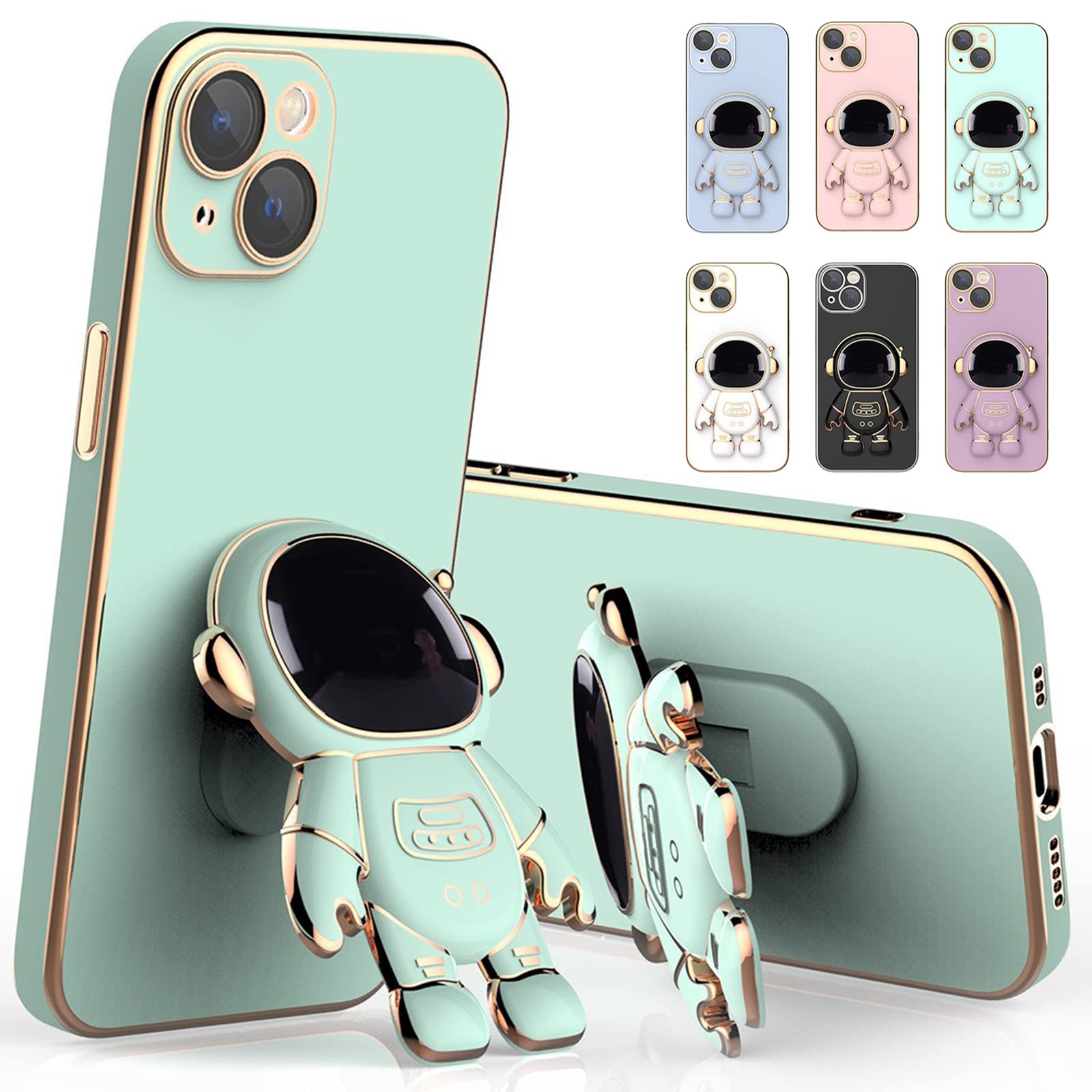 Lswrlixa Astronaut Case Compatible Iphone 14 14 Plus 14 Pro Max 6D Plating Case Cover With Stand Astronaut Case Green For Iphone