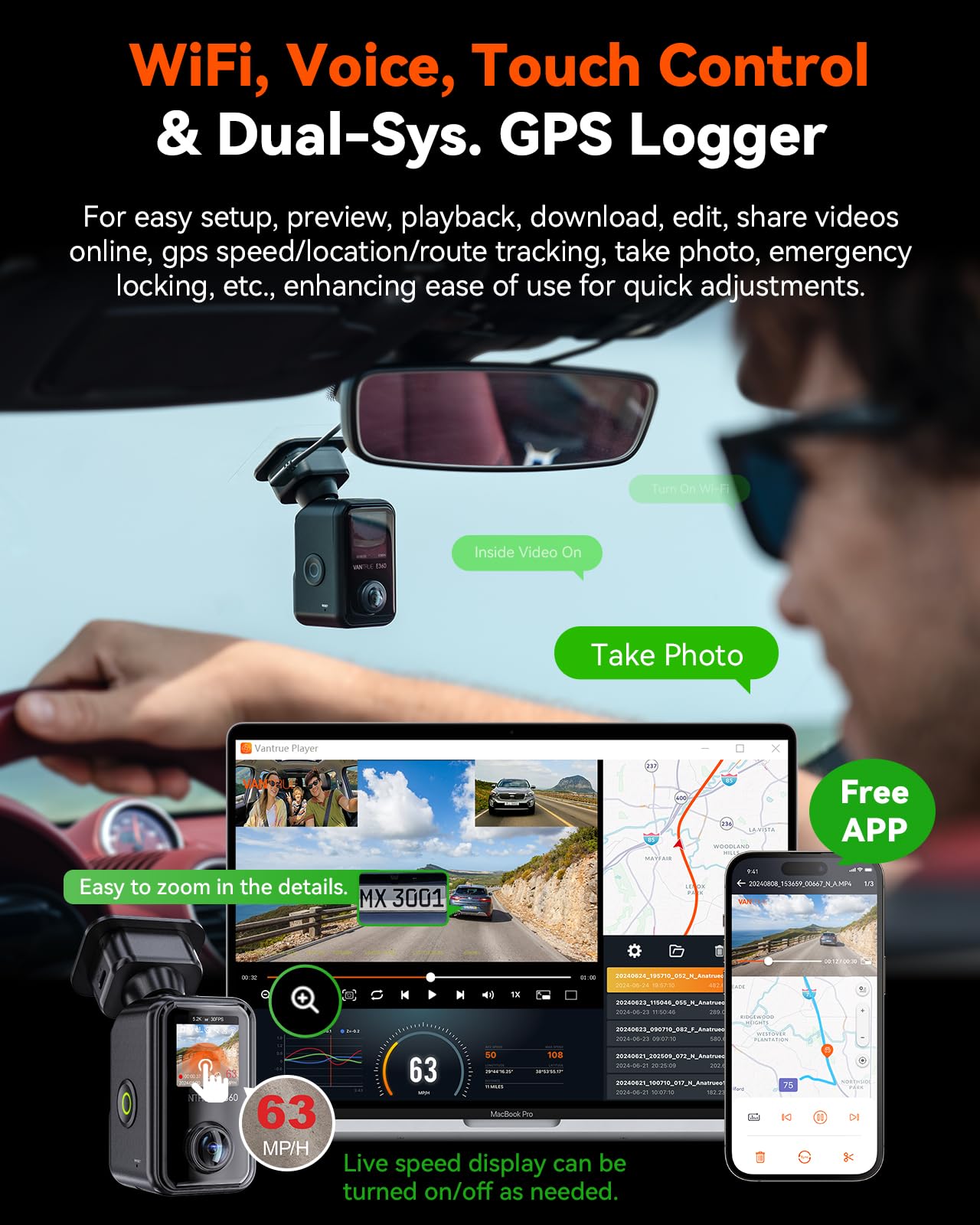 Vantrue E360 Plus 3 Channel 360 Degree Wifi Dash Cam, Dual Starvis 2, Triple1944P Front Rear And Inside Dashcam, Hdr Ir Night Vi