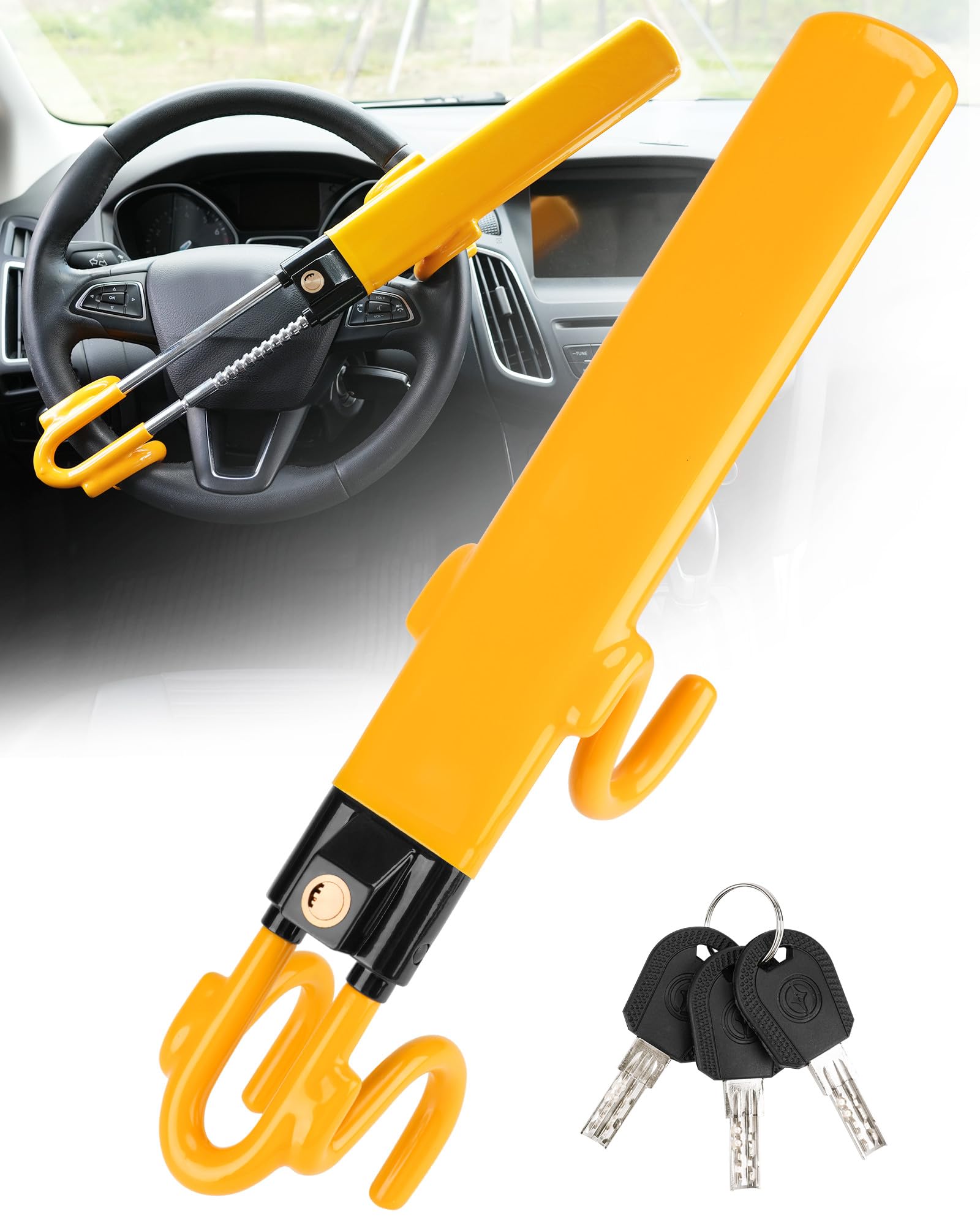 Tevlaphee Steering Wheel Lock - Heavy Duty Antitheft Device and Car Security Lock with Adjustable Locking and 3 Keys - Great Veh
