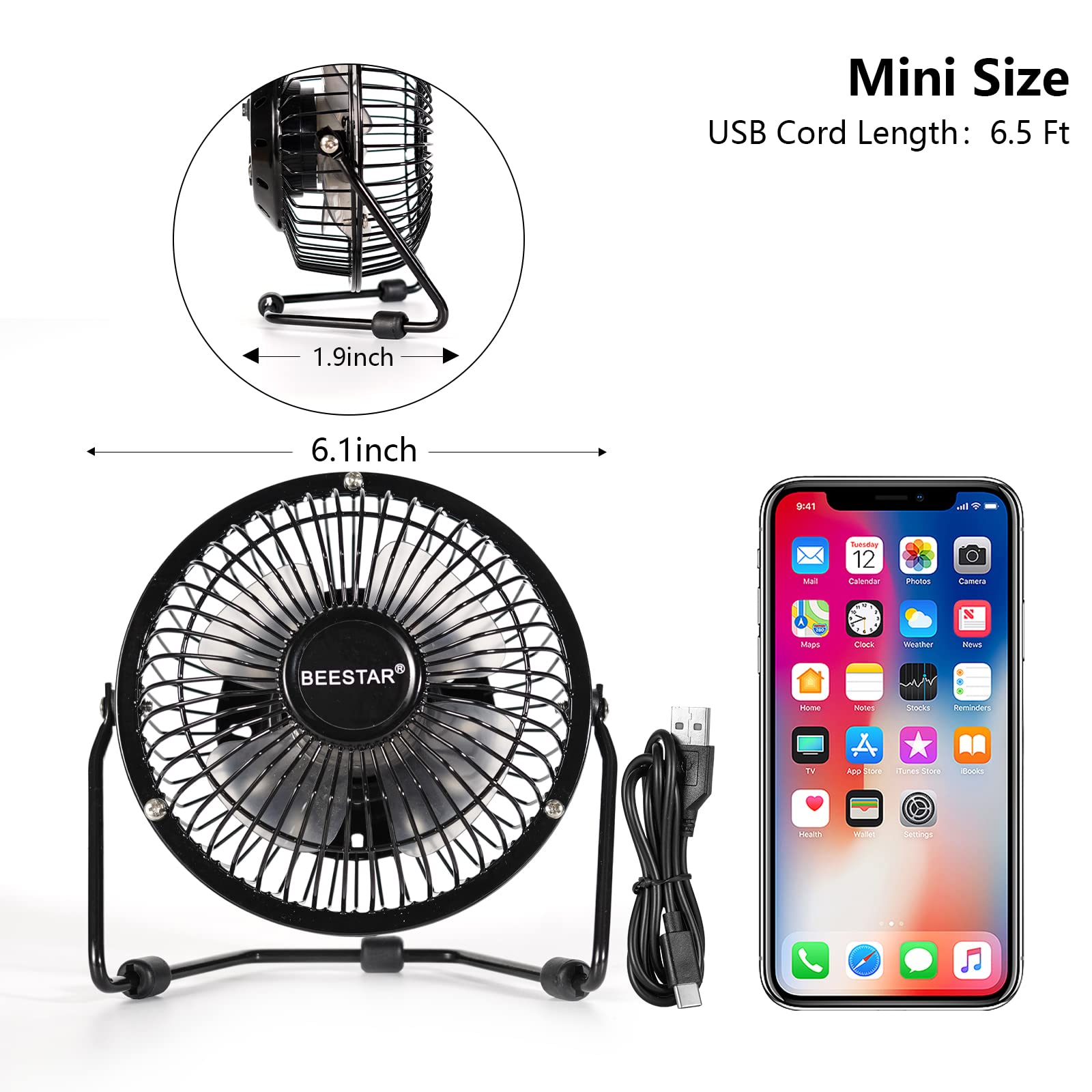 Beestar 4 Inch Mini Fan With Metal Construction,Powerful Usb Powered,360 Rotation Desk Personal Cooling Usb Fans Small Quiet For
