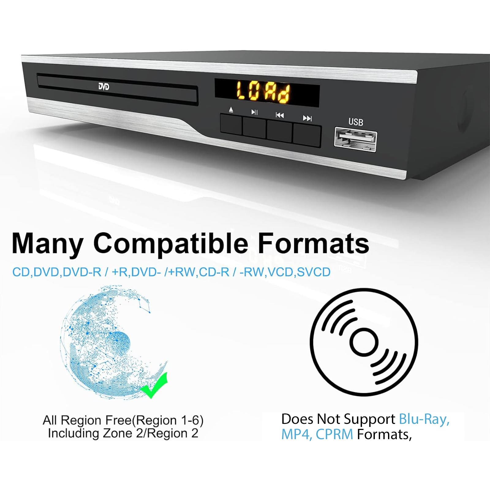 Dvd Player, Region Free Dvd Players For Cd/Dvd'S, Compact Dvd Player Supports Ntsc/Pal System With Rca Stable Outputs/Usb 128G Input, Contains Remote Control And Rca Cable(Without Hdmi Cable)