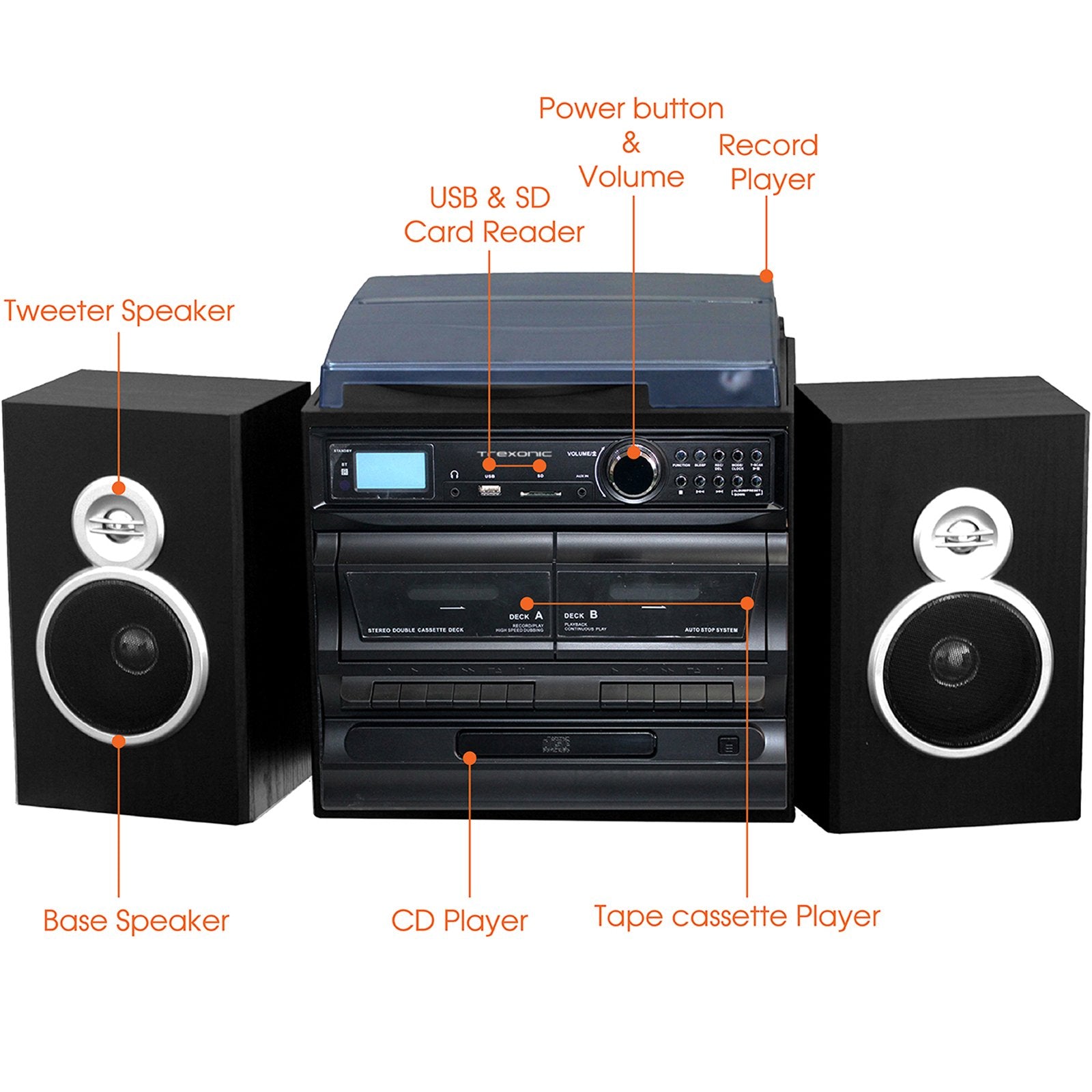 Trexonic 3 Speed Turntable With Cd Player, Dual Cassette Player, Bt, Fm Radio & Usb/Sd Recording And Wired Shelf Speakers