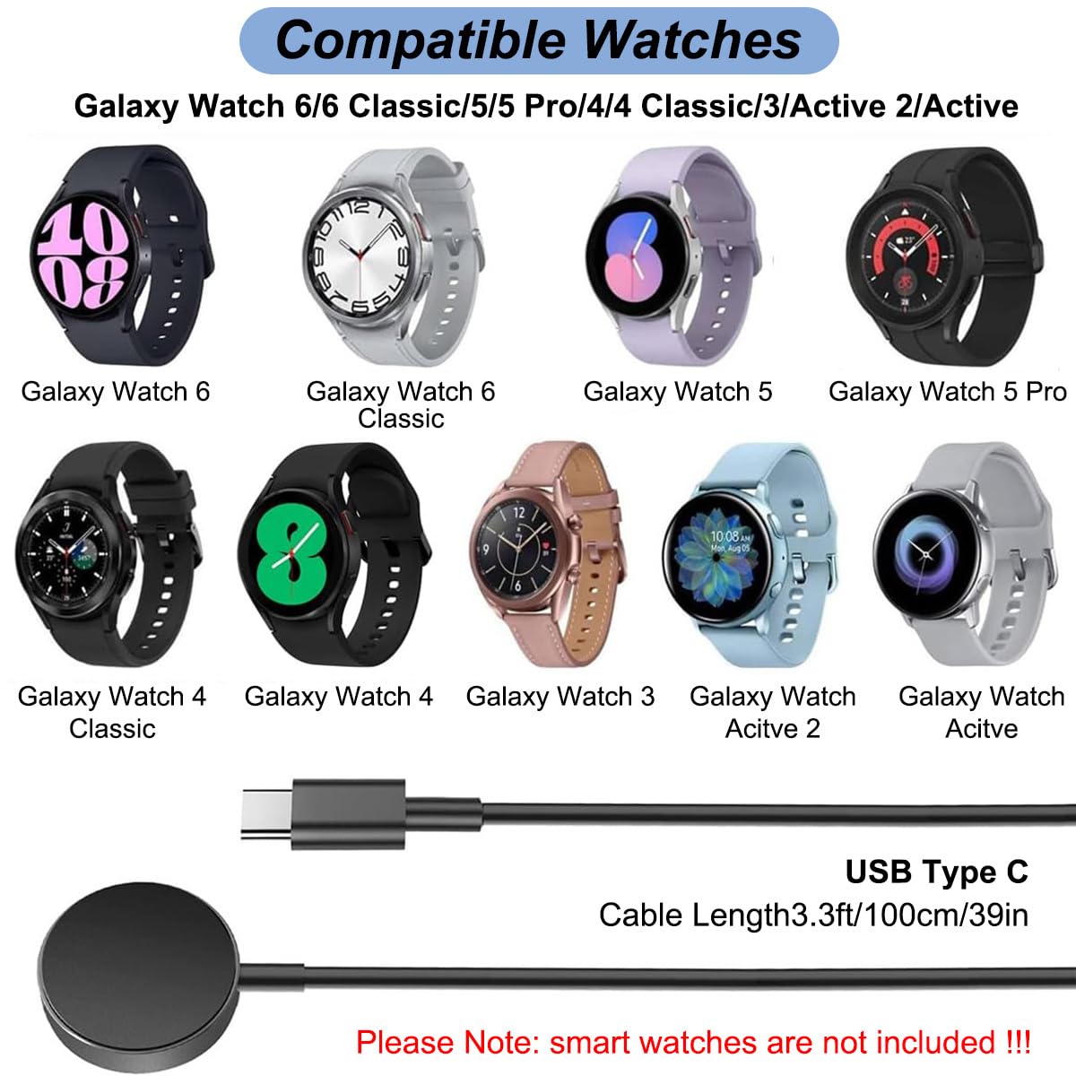 Charger For Samsung Galaxy Watch 6/6 Classic/5/5 Pro/4/4 Classic/3/Active 2/Active, Replacement Smart Watch Charging Cable (Usb