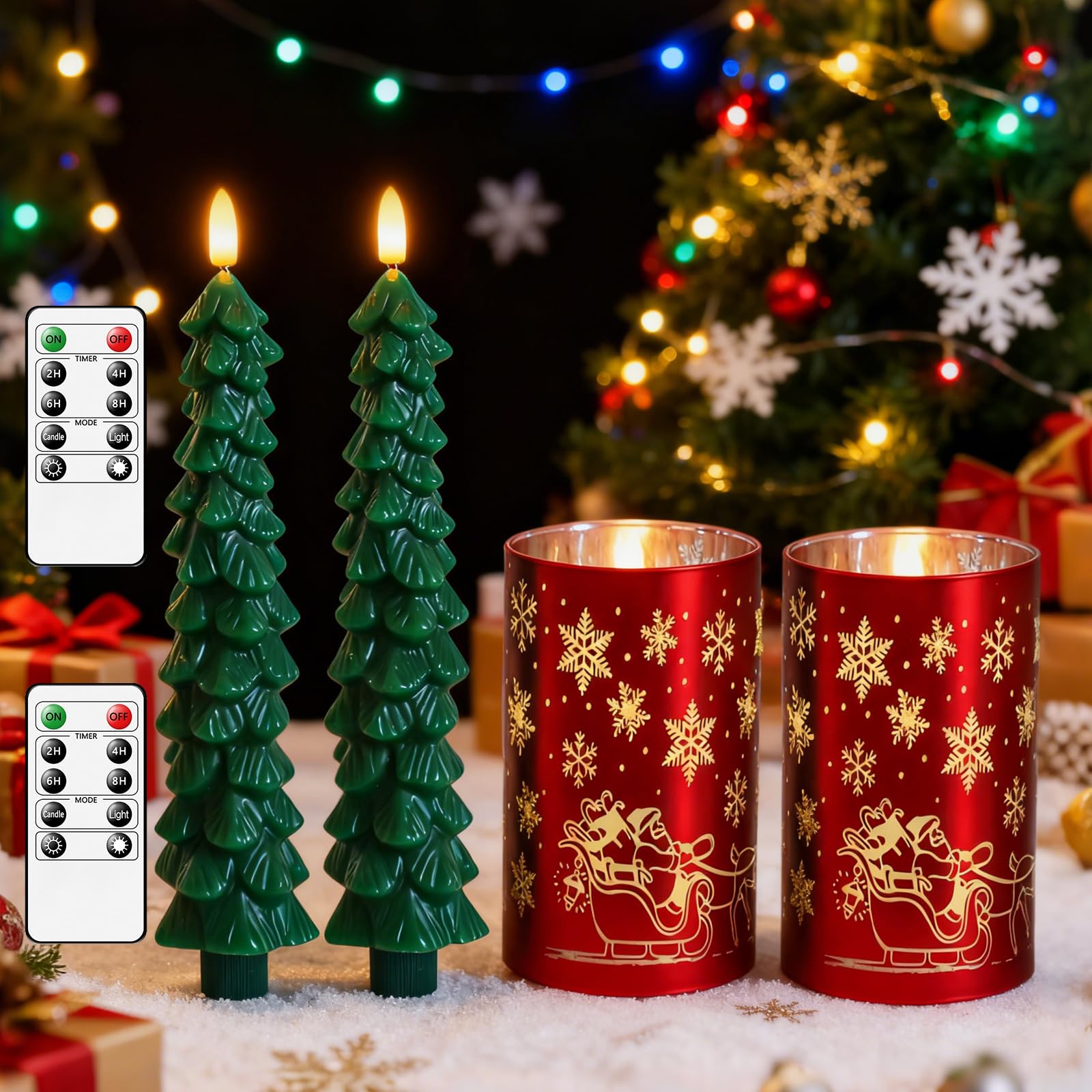 Lezonic Christmas Flameless Candles with Remote, Green Christmas Tree Flickering Battery Operated Window Candlesticks, Red Glass