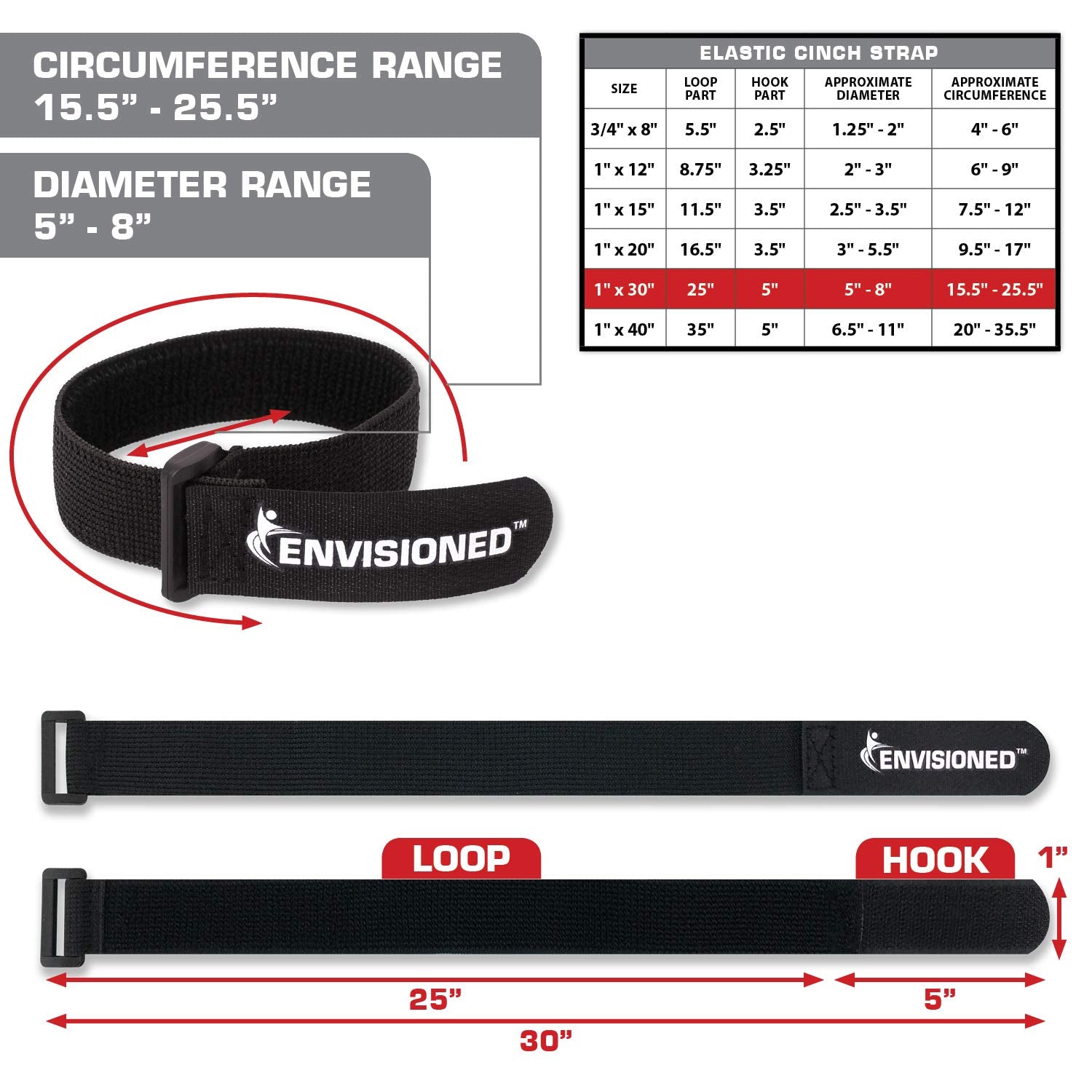 Elastic Reusable Cinch Straps 1''X30''   8 Pack   Hook And Loop   Plus 2 Free Bonus Reusable Cable Ties