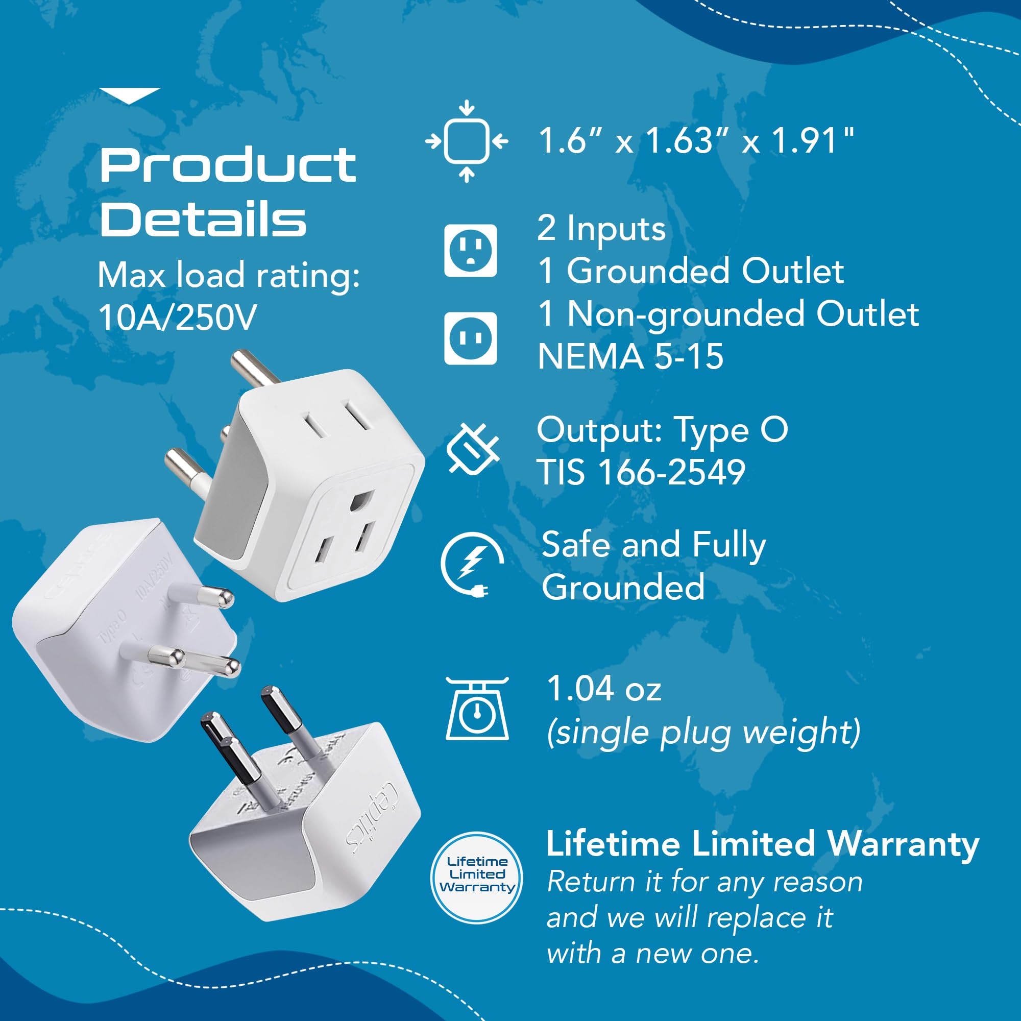 Ceptics Thailand Travel Adapter With Dual Usa Input (Type O) Ultra Compact   3 Pack   Safe Grounded Perfect For Cell Phones, Lap
