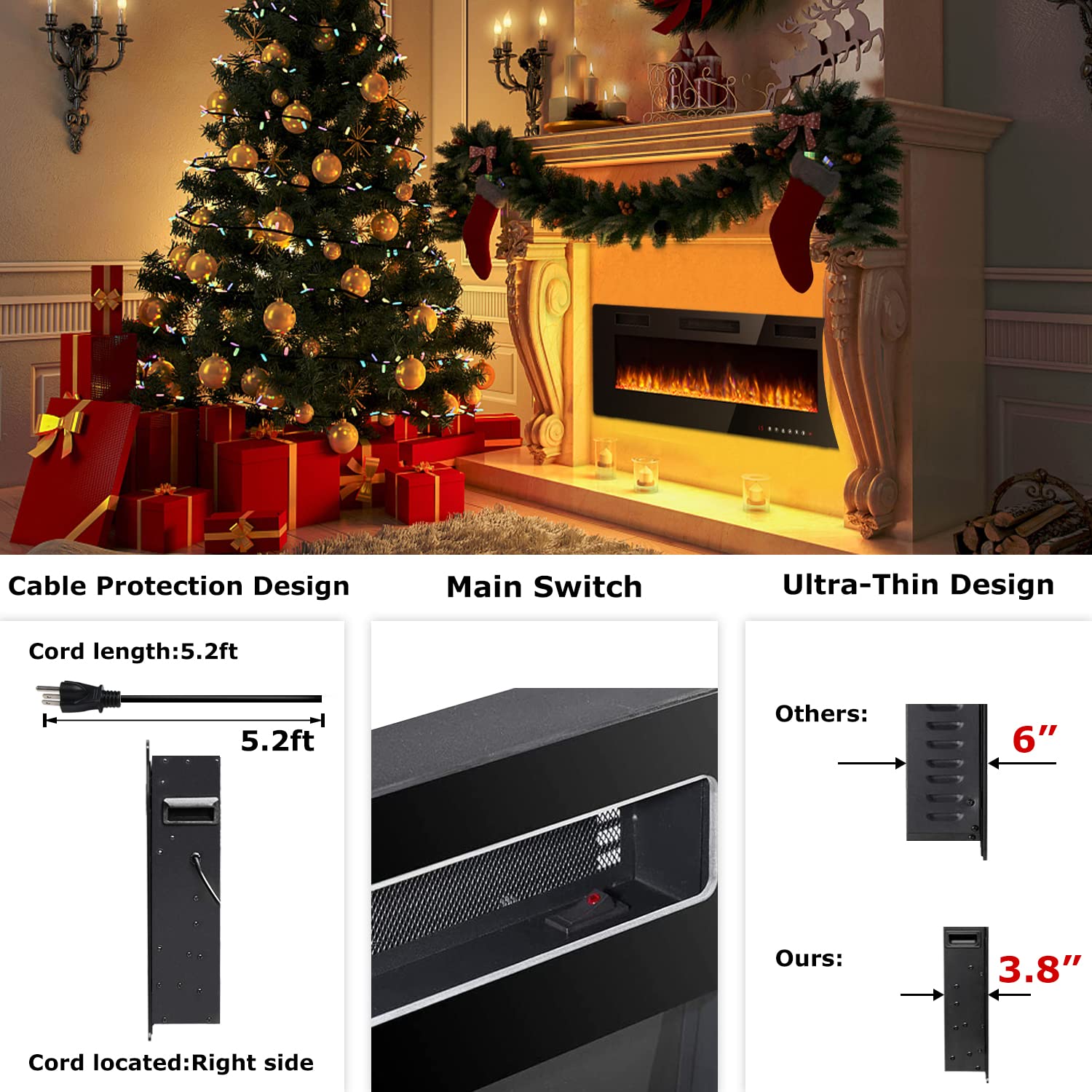 Vitesse 50 Inch Ultra Thin Electric Fireplace In Wall Recessed And Wall Mounted Linear Fireplace Heater With Multicolor Flame,Ti