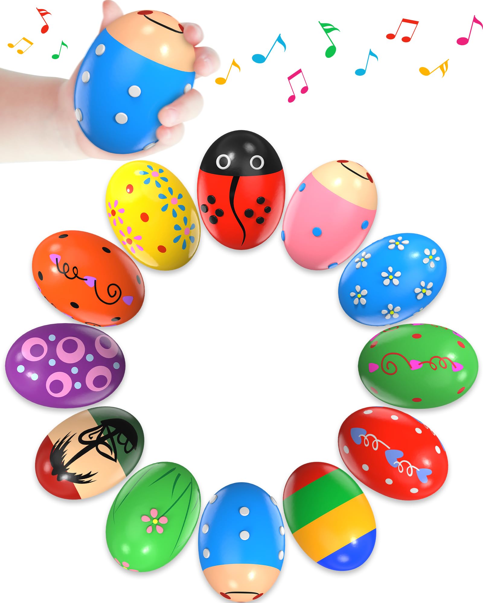 12 Pack Wooden Percussion Musical Shaker Prefilled Easter Eggs with Toys Inside Filled, Toddlers Easter Basket Stuffers Egg Fill