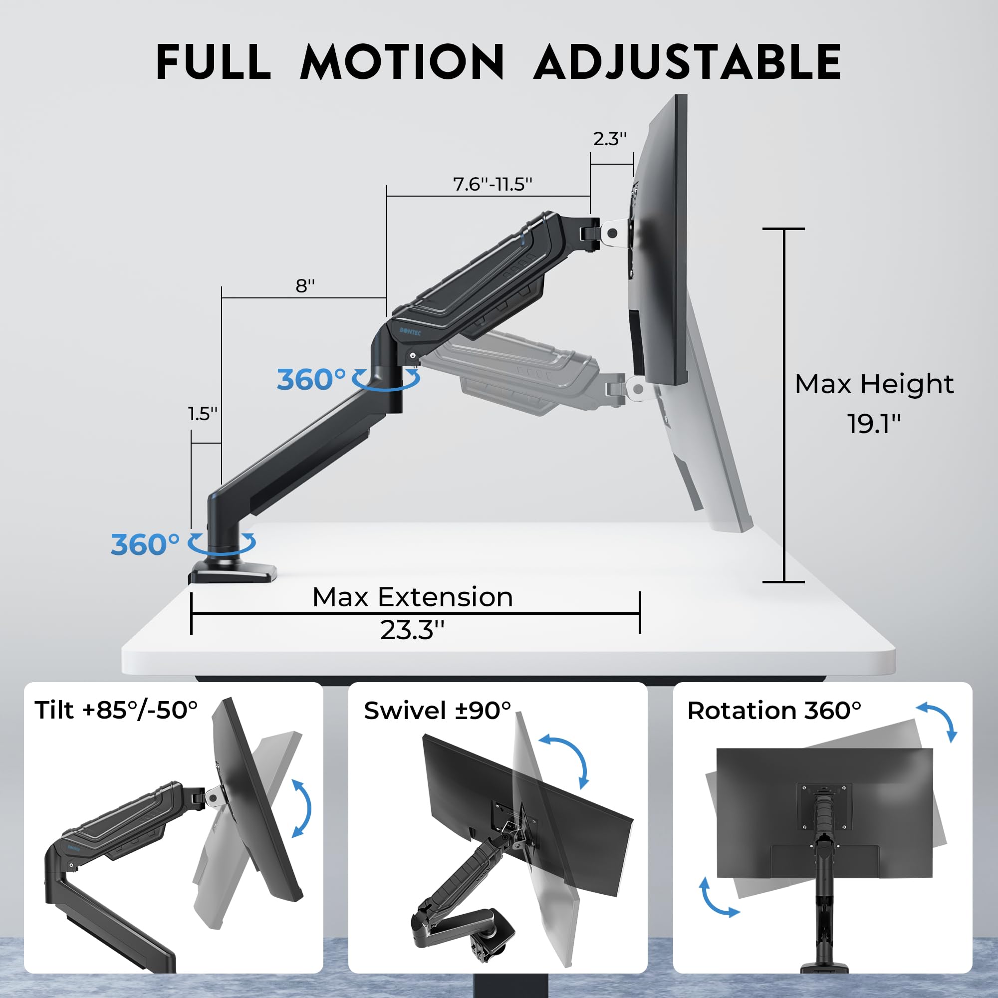 Bontec Monitor Arm For 15-34 Inch Screens, Ergonomic Gas Spring Single Monitor Mount, Full Motion Desk Stand With Tilt Swivel Ro