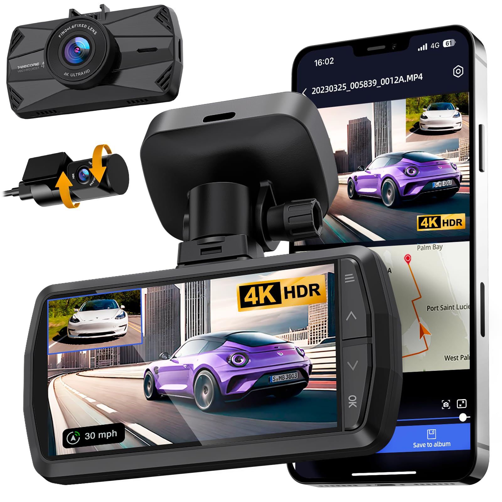 Yeecore Dash Cam Front And Rear, Real 4K+1080P Dual Dash Cam, Built In Wifi Gps, 3.3 Inch Eye Care Screen, Hdr Night Vision, 24H