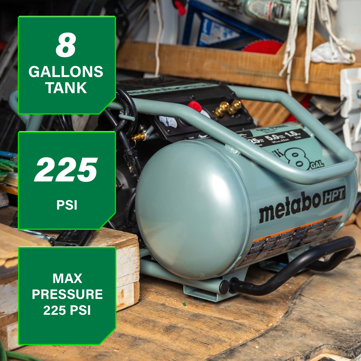 Metabo Hpt Air Compressor | The Tank 8-Gal | 225 Psi | 5 Cfm @ 90 Psi | Trolley | Oil-Free | Ec1315S Gray