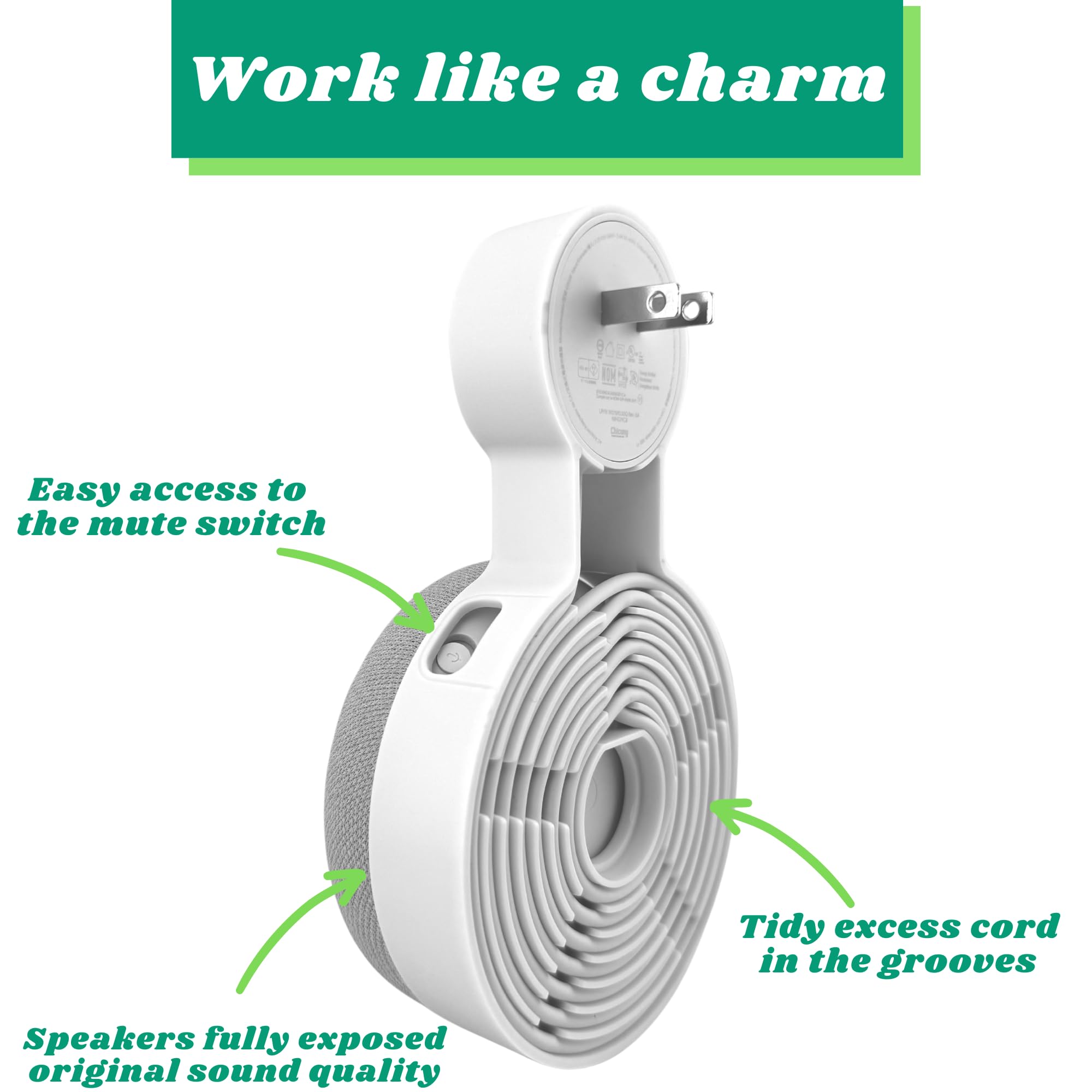 Sintron Wall Mount Holder for Google Nest Mini & Home Mini - Space-Saving Cord Management, White, 1 Pack, No Messy Wires or Screws