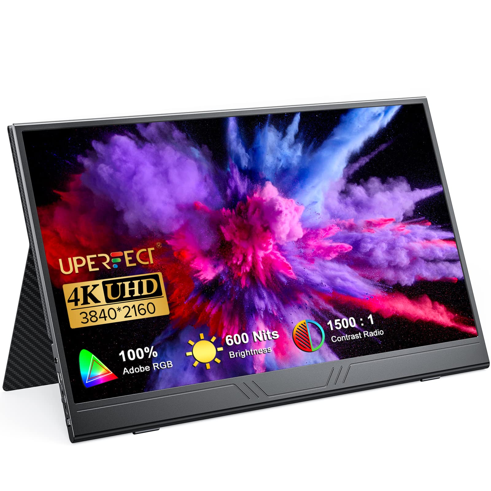 Uperfect True 4K Portable Monitor, 600 Nits Brightness 100% Adobergb, Unique Arch Metal Frame, 15.6'' Uhd Ips 3840X2160 Usb C Monitor, Hdr Freesync Dual Speakers Type C Hdmi Otg W/Smart Case