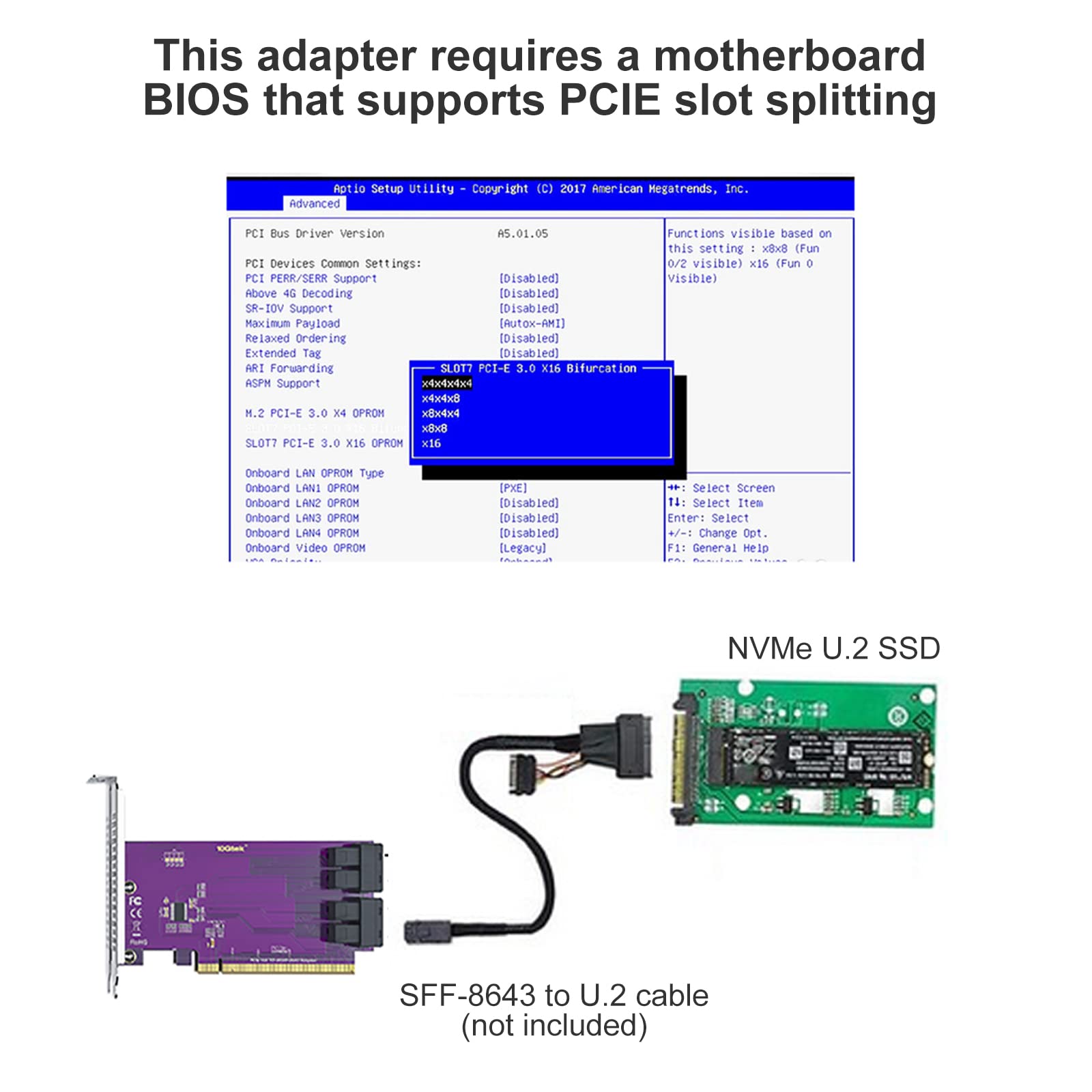 Pcie To Sff-8643 Adapter For U.2 Ssd, X16, (4) Sff-8643, Requires Motherboard Bios Support For Bifurcation. Support Windows 10/2