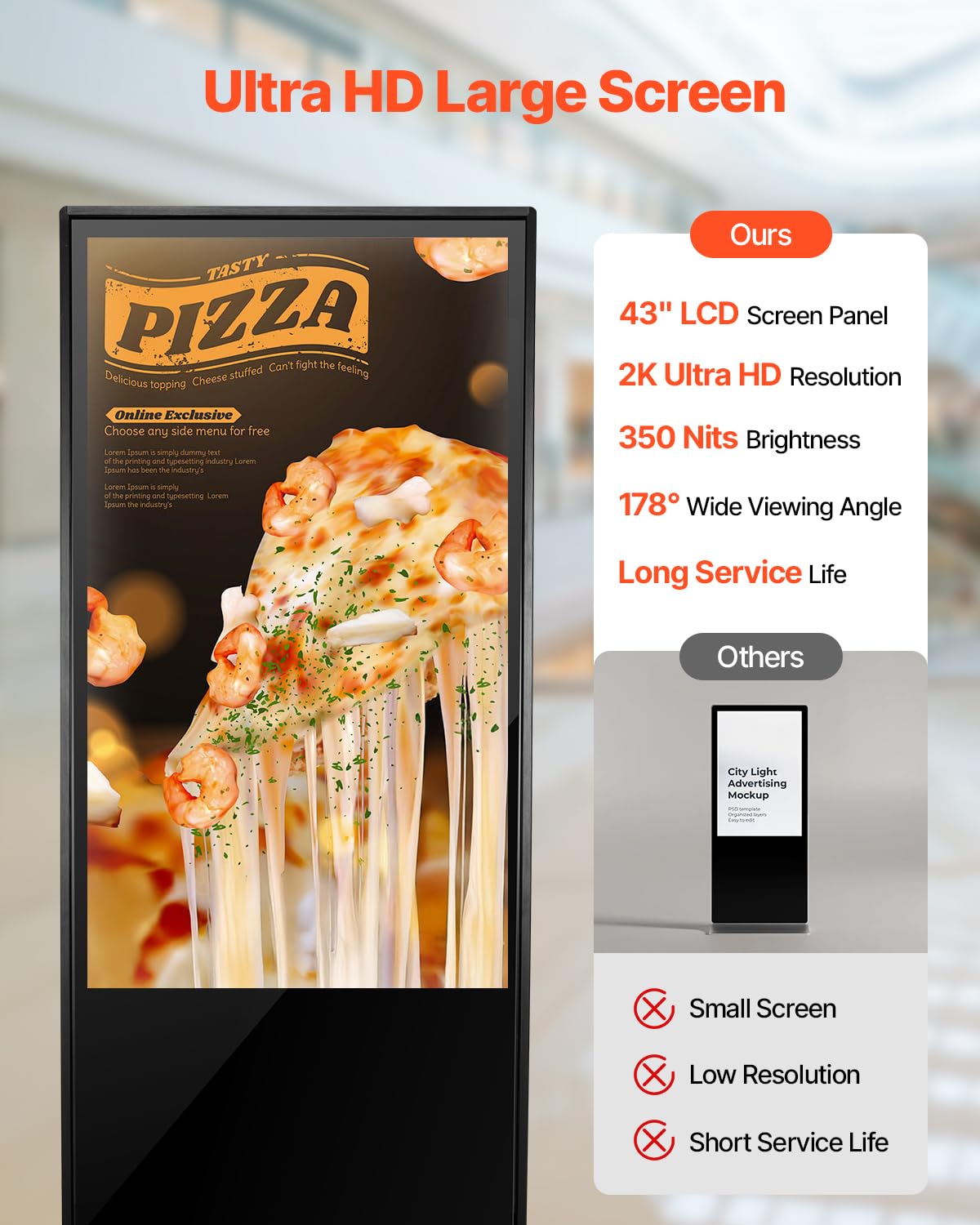 Vevor 43 Inch Digital Signage Display, Non-Touchscreen Digital Kiosk, Indoor Floor Standing Kiosk Display, 2K Uhd Lcd Screen, 2G