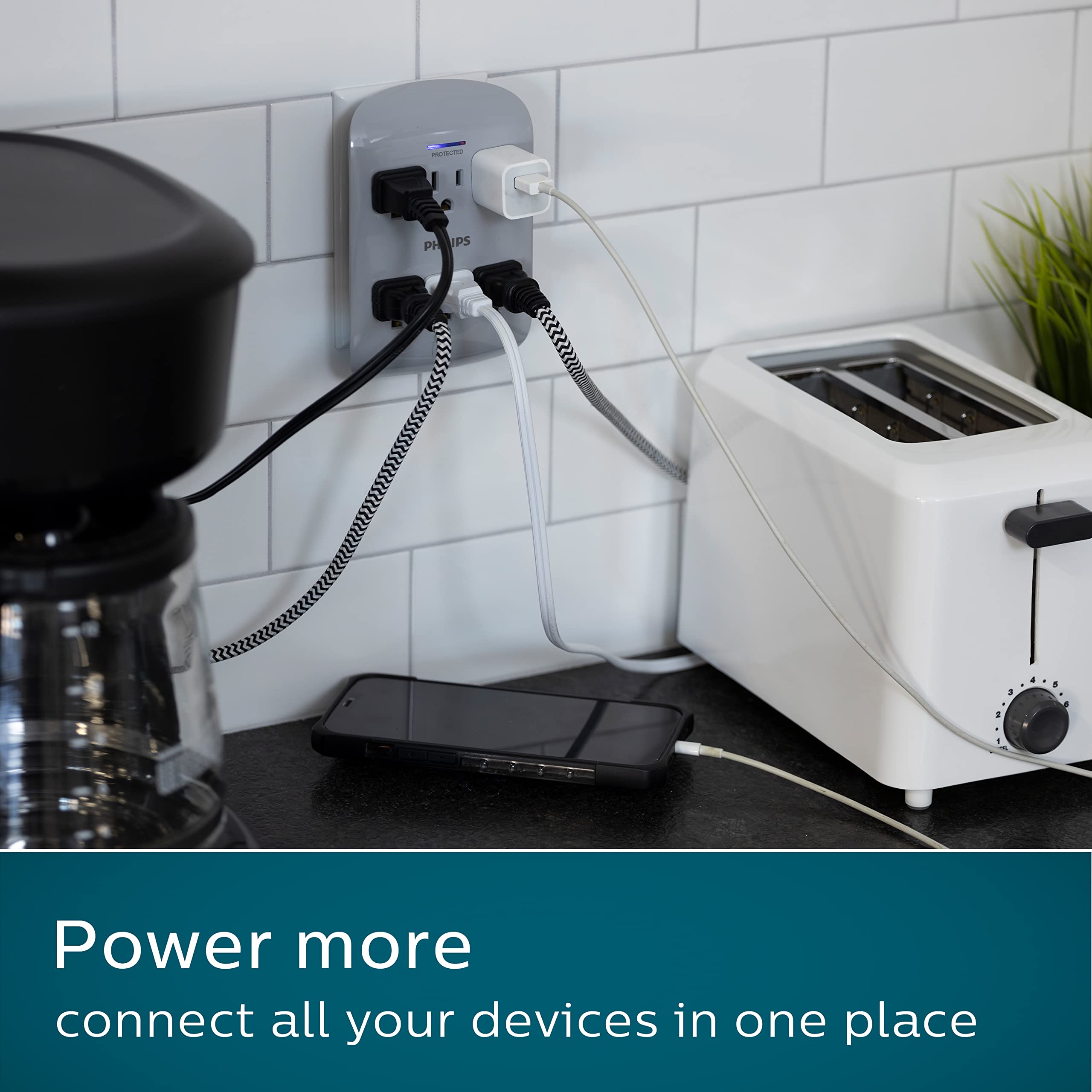 Philips Philips 6 Outlet Extender Surge Protector, 900 Joules, 3 Prong, Space Saving Design, Protection Indicator Led Light, 2 P