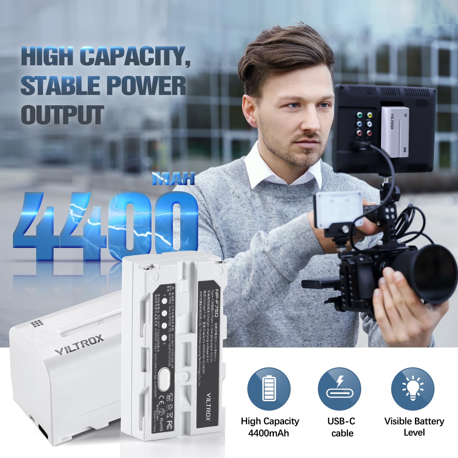 Viltrox Np F750 Li Ion Battery 1 Pack (4400Mah), Replacement For Sony Np F550 F570 F750 F770 F950 F960 F970, Compatible With Led