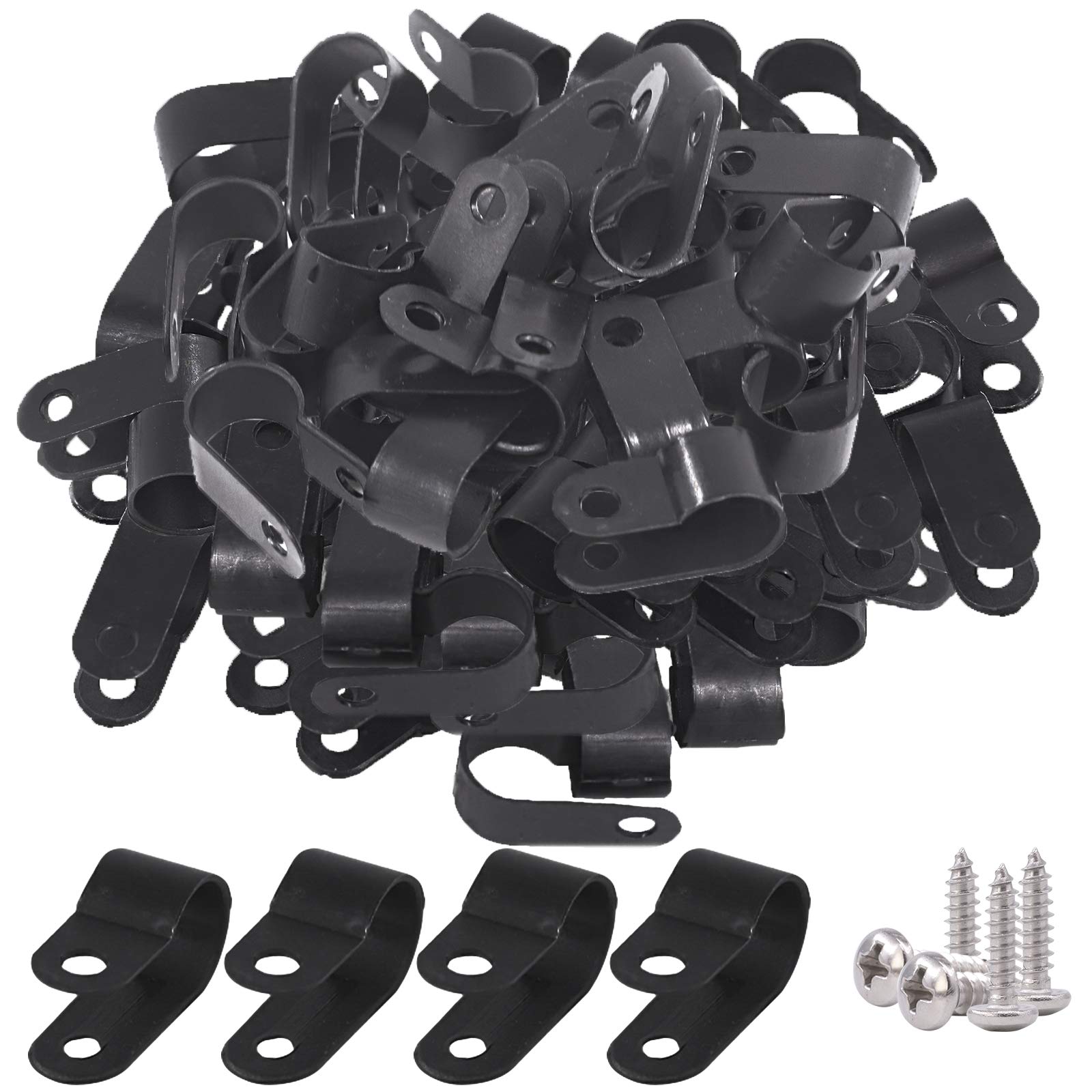Glarks 120Pcs 3/8 Inch Black Nylon Screw Mounting R Type Cable Clip Wire Clamp With 120Pcs Screws For Wire, Cable, Conduit And C