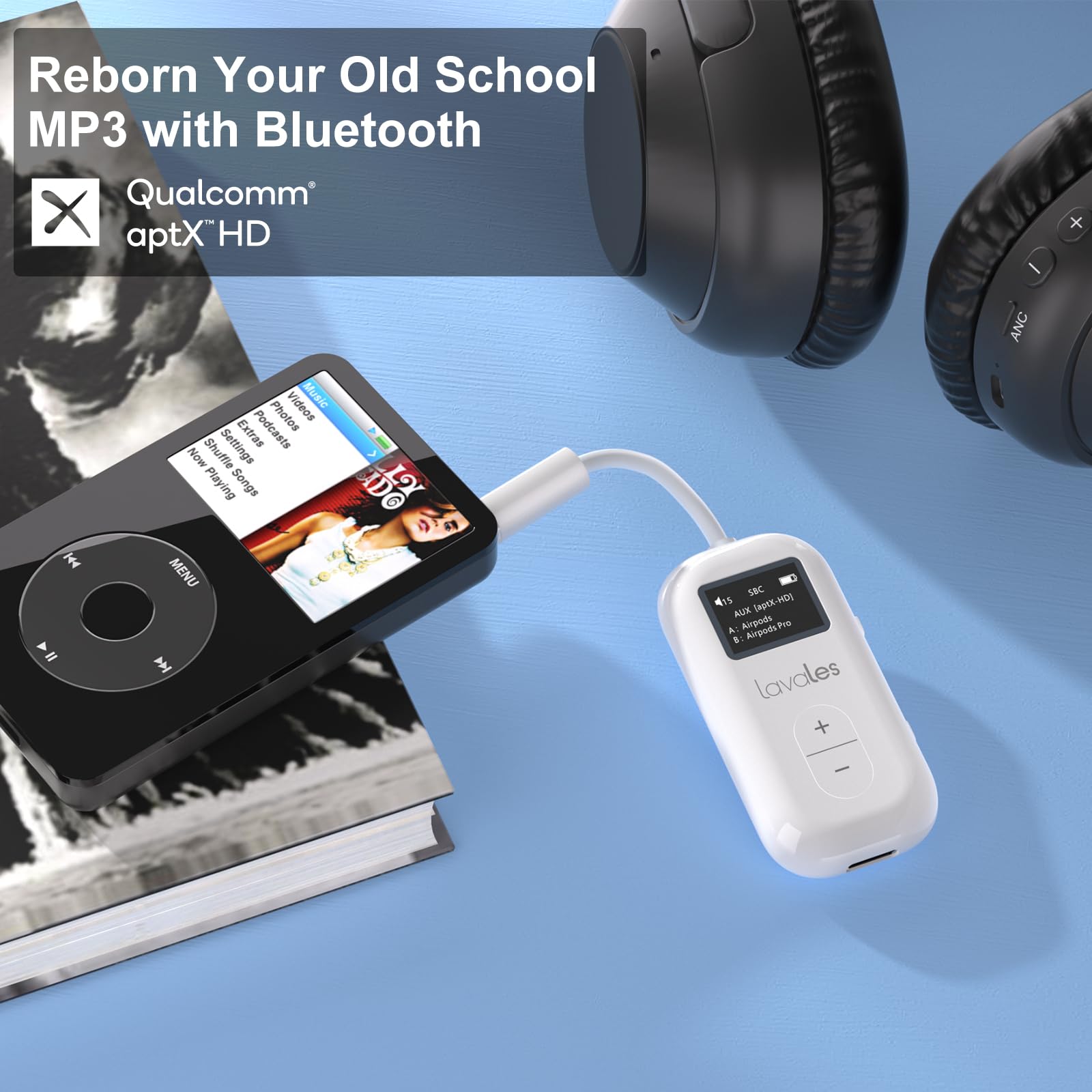 Safefly Dual Premium Bluetooth 5.3 Transmitter Bluetooth Adapter W/Screen For Airpods Or Wireless Headphones   Use With Any 3.5