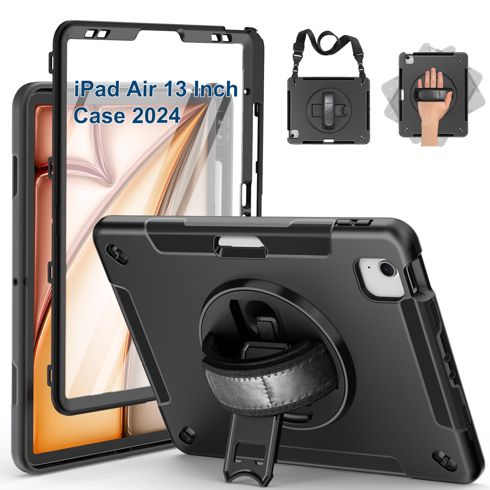 Supfives Case For Ipad Air 13 Inch 2024,With Screen Protector+Hand Strap+Shoulder Strap+Rotating Kickstand+Pencil Holder,Black