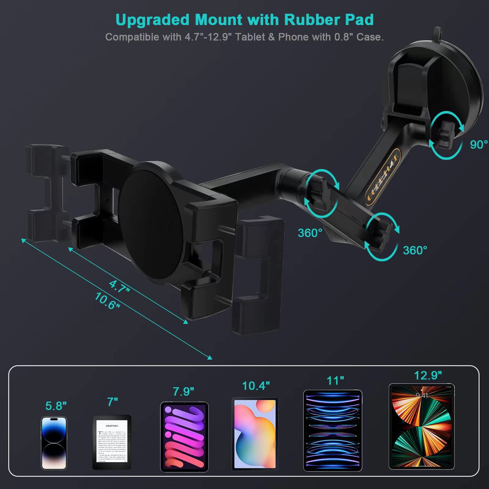 Porfortop Ipad Pro 12.9 Inch Tablet Mount, 4 Inch Suction Cup, 16 Inch Arm, Wide Compatibility, Full Protection, Hassle Free Cha