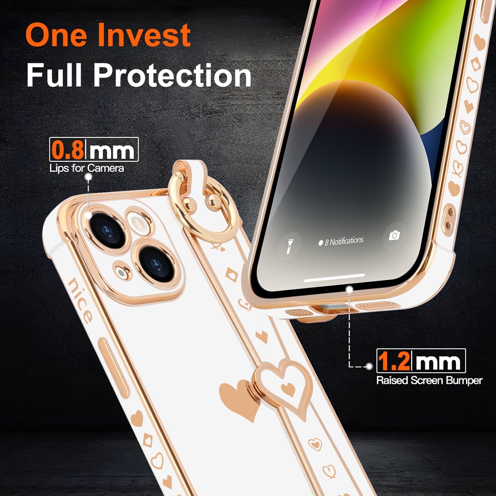 Llz.Coque For Iphone 14 Case Cute Love Heart Plating Strap Phone Cover For Women Girls Bling Soft Silicone Camera Lens Protectio