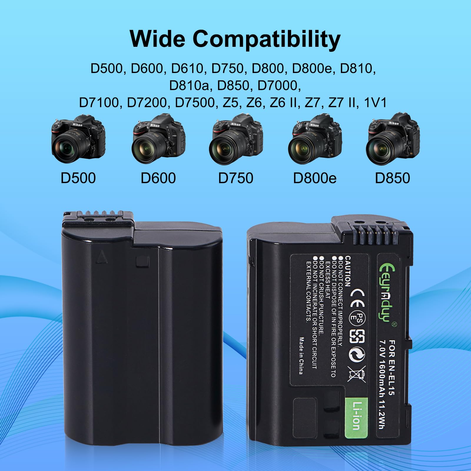 Eeyrnduy En El15 2 Pack Batteries For Nikon Z6 Z7 Z8 D750 D850 D7000 D7500 D7100 D7200 D500 D600 D610 D800 D810 D850 Camera 2200