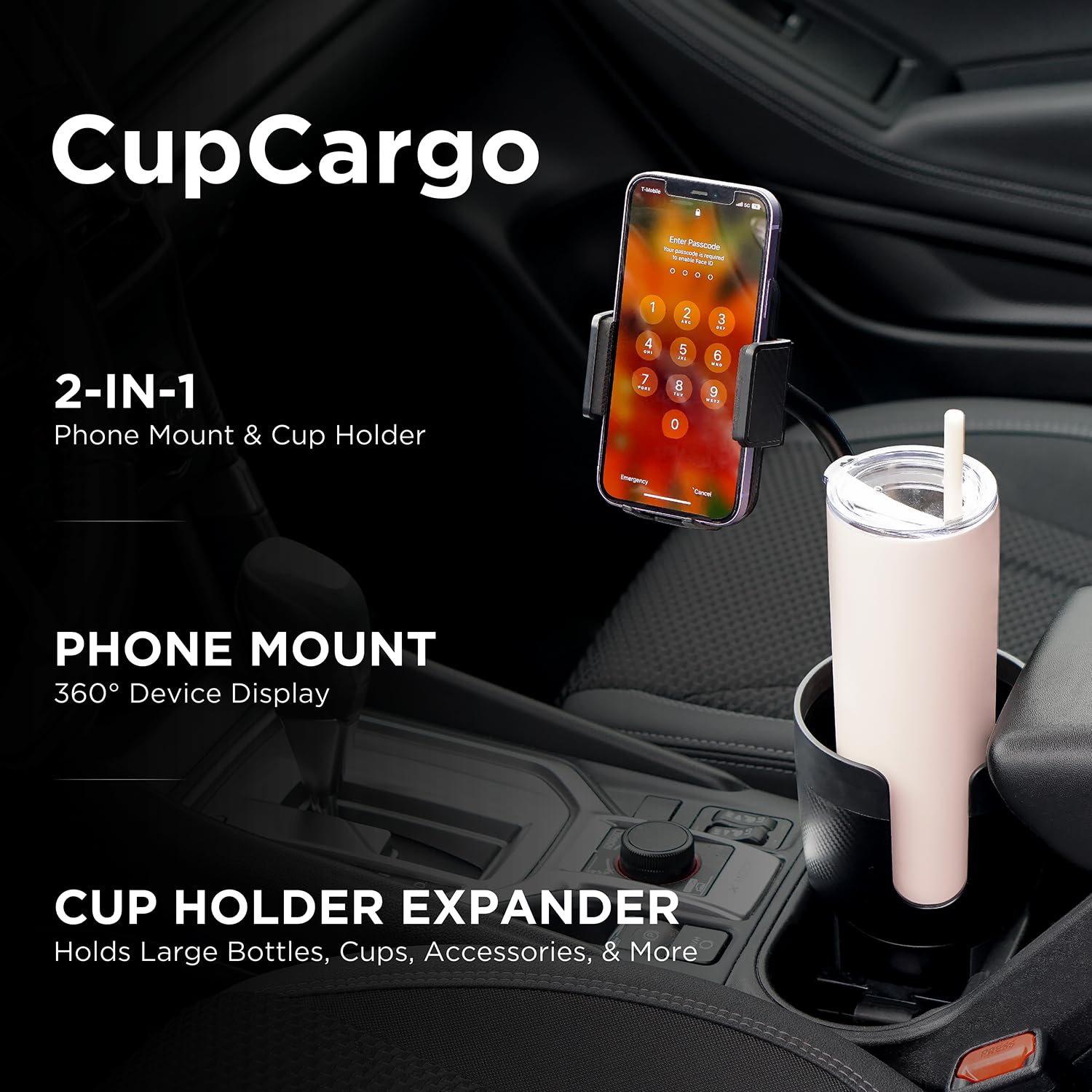 Limitless Cupcargo Cup Holder Expander And Phone Mount With Adjustable Base And Flexible Neck