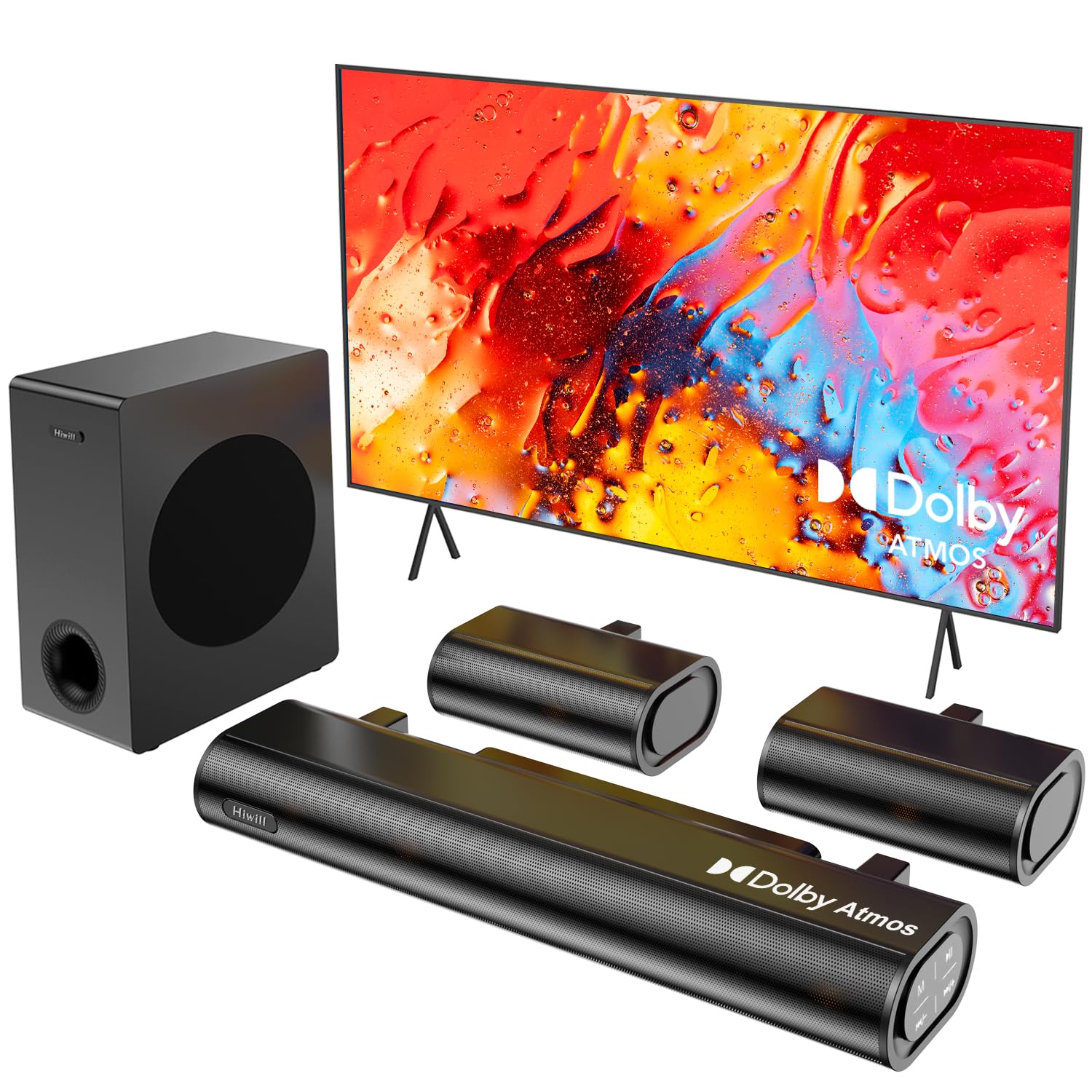 Hiwill 5.1Ch Soundbar, W/ 5.25'' Big Subwoofer Dolby Atmos Surround System, 2 Wired Rear Speakers Sound Bar For Small Rooms, Cle