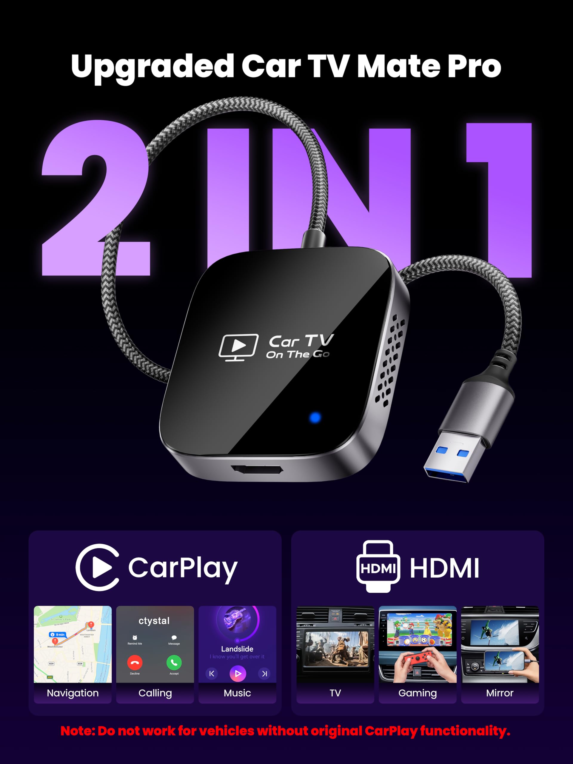 Car Tv Mate Pro, 2 In 1 Hdmi Steaming & Wireless Carplay Adapter, 2025 Upgraded Car Multimedia Adapter Fit For Fire Tv Stick/Gam