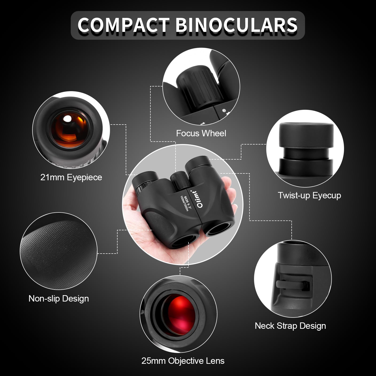 8X25 Compact Binoculars, Bak-4 Prism 8.2 Wide-Angle View 21Mm Eyepiece Ed Lens, Black