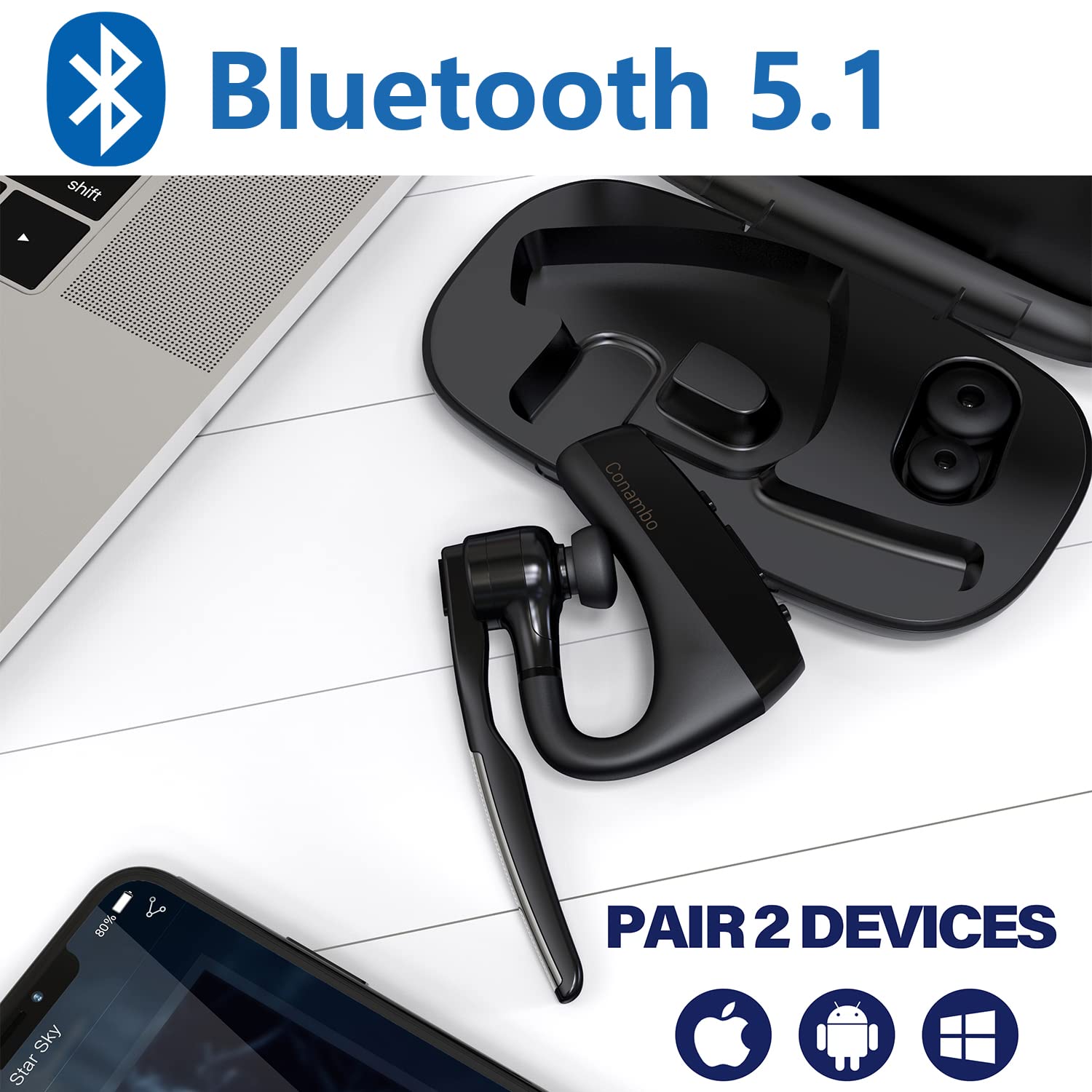 Conambo Bluetooth Headset V5.1, 16 Hrs Hd Talktime Cvc8.0 Dual Mic Noise Cancelling Hands Free Bluetooth Earpiece For Cell Phone Iphone Android Driving Business Office