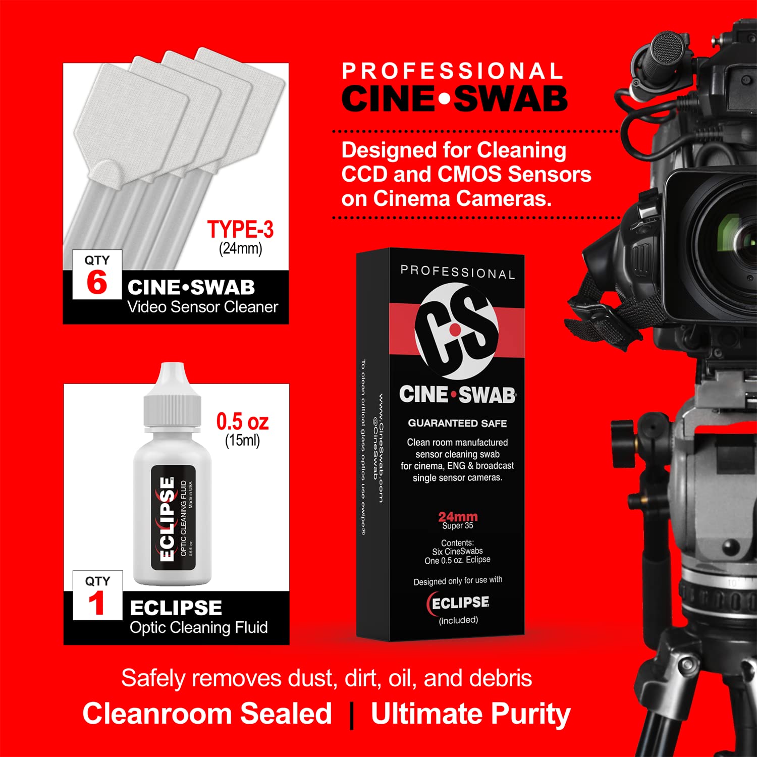 Cine Swab Video Imaging Sensor Cleaner   Digital Camera Sensor Cleaner Kit For Cleaning Cinema Cameras With Super 35 Or 24Mm Contact Sensor   Cleaning Kit   6 Swabs And 1 Solution Bottle