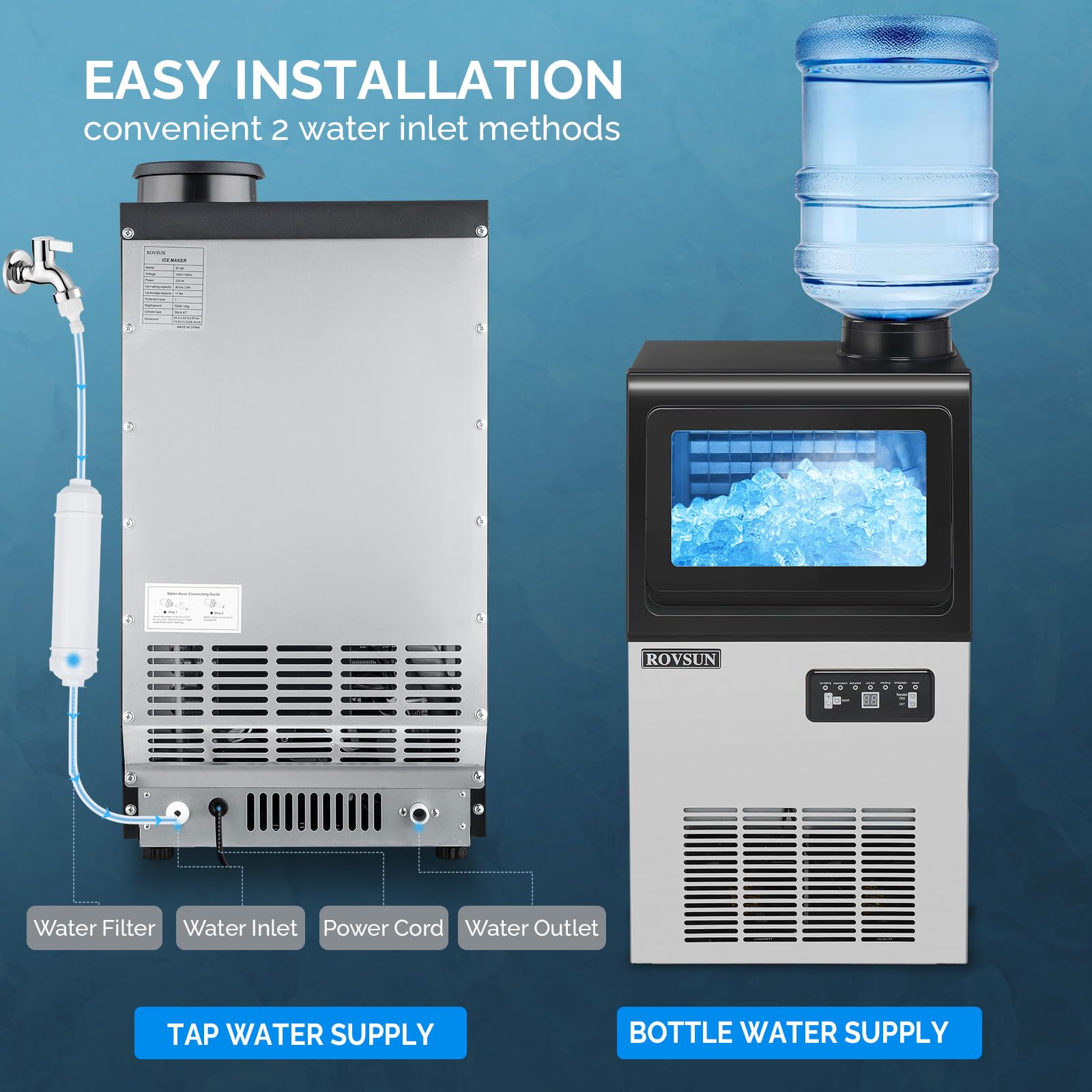 Rovsun 90Lbs/24H Commercial Ice Maker With 2 Water Inlets, Stainless Steel Ice Machine Countertop & Freestanding For Restaurant