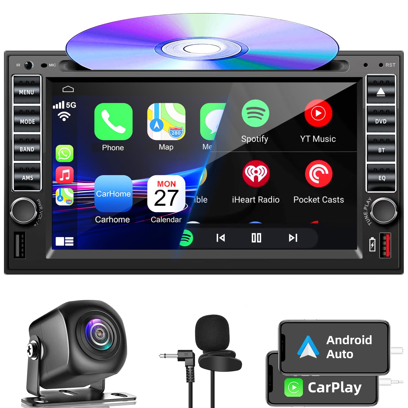 Double Din Car Stereo With Dvd/Cd Player, Car Radio With Backup Camera, Voice Control Carplay & Android Auto, Mirrorlink, Blueto
