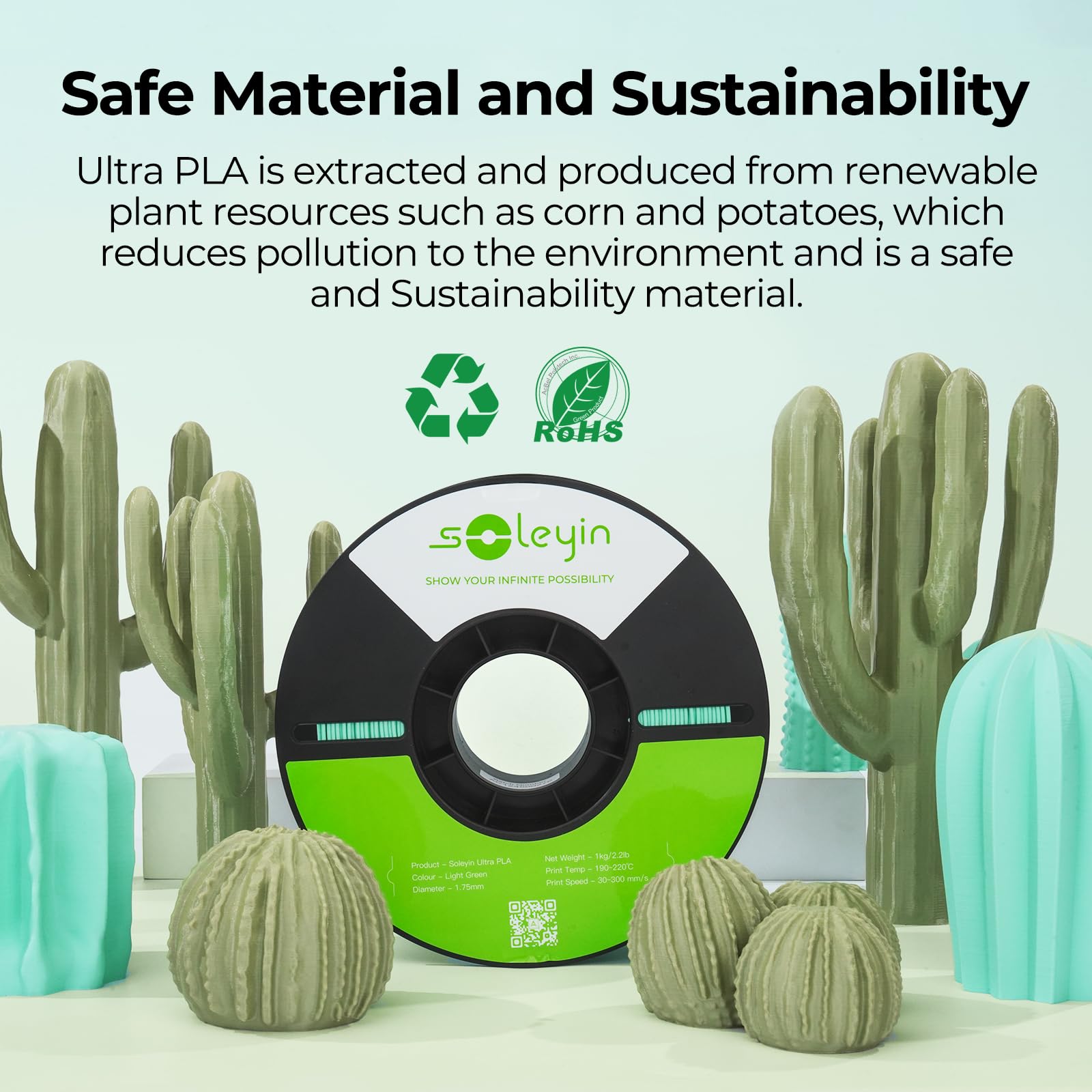 Soleyin Ultra Pla Filament 1.75Mm Pla 3D Printer Filament High Speed 30-600Mm/S Dimensional Accuracy +/- 0.02Mm, 2Kg Spool (4.4L