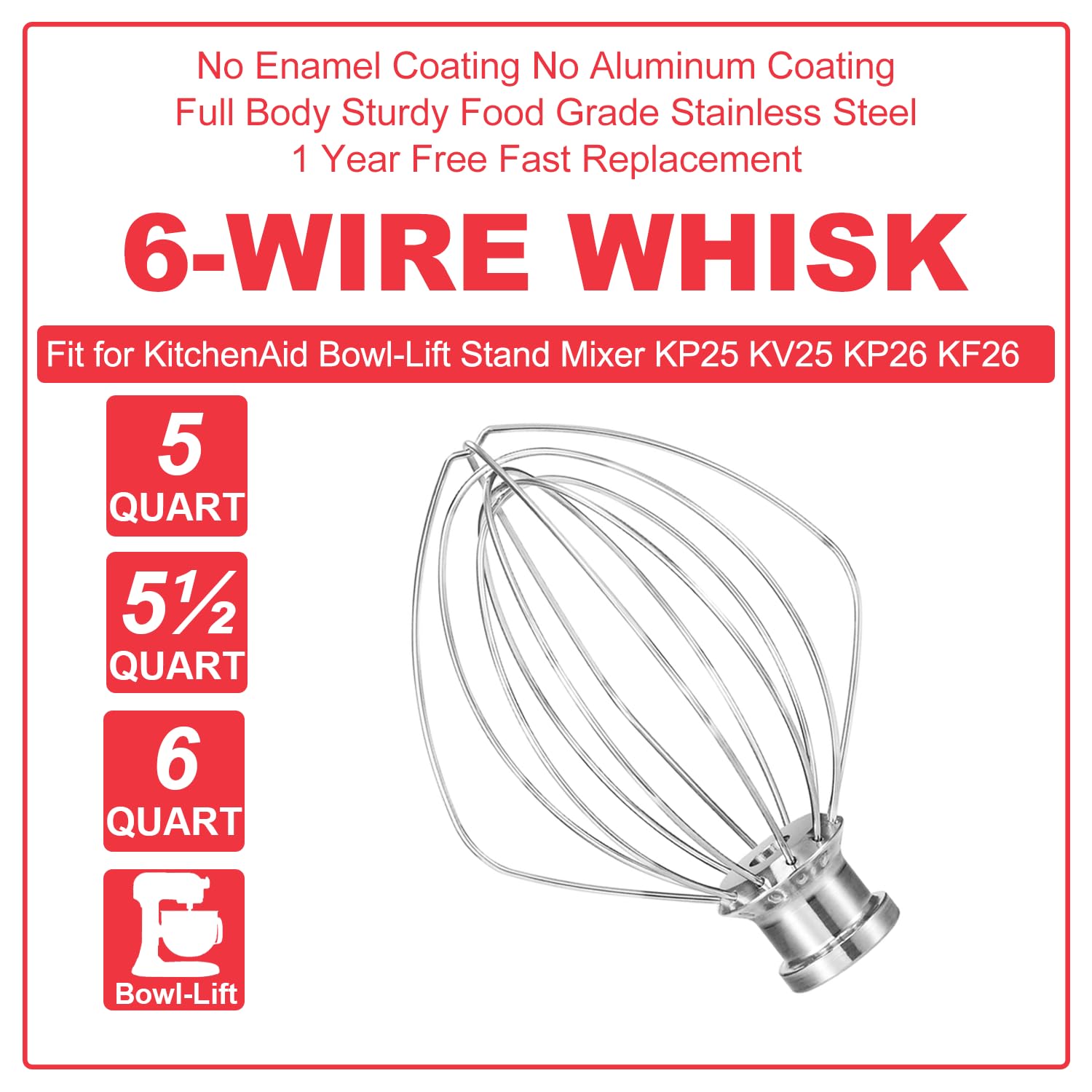 Kn256 Stainless Steel Wire Whip For Bowl Lift Mixer 6 Quart Bowl, 6 Wire Whisk Fits For Professional 600, Kp26M1X,Kd2661X,Kp2671